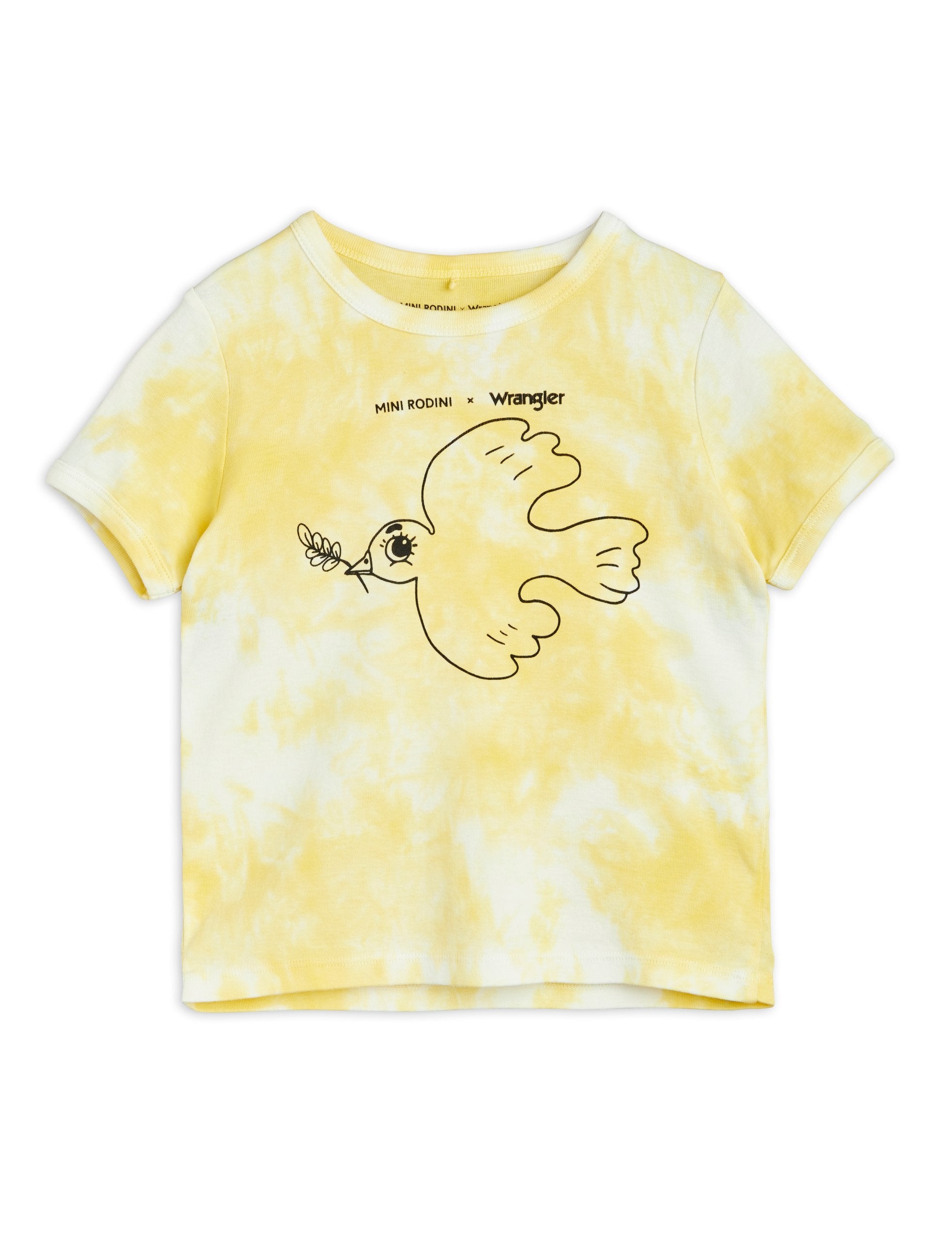 Mini Rodini Wrangler yellow tie dye t shirt with dove print on front.