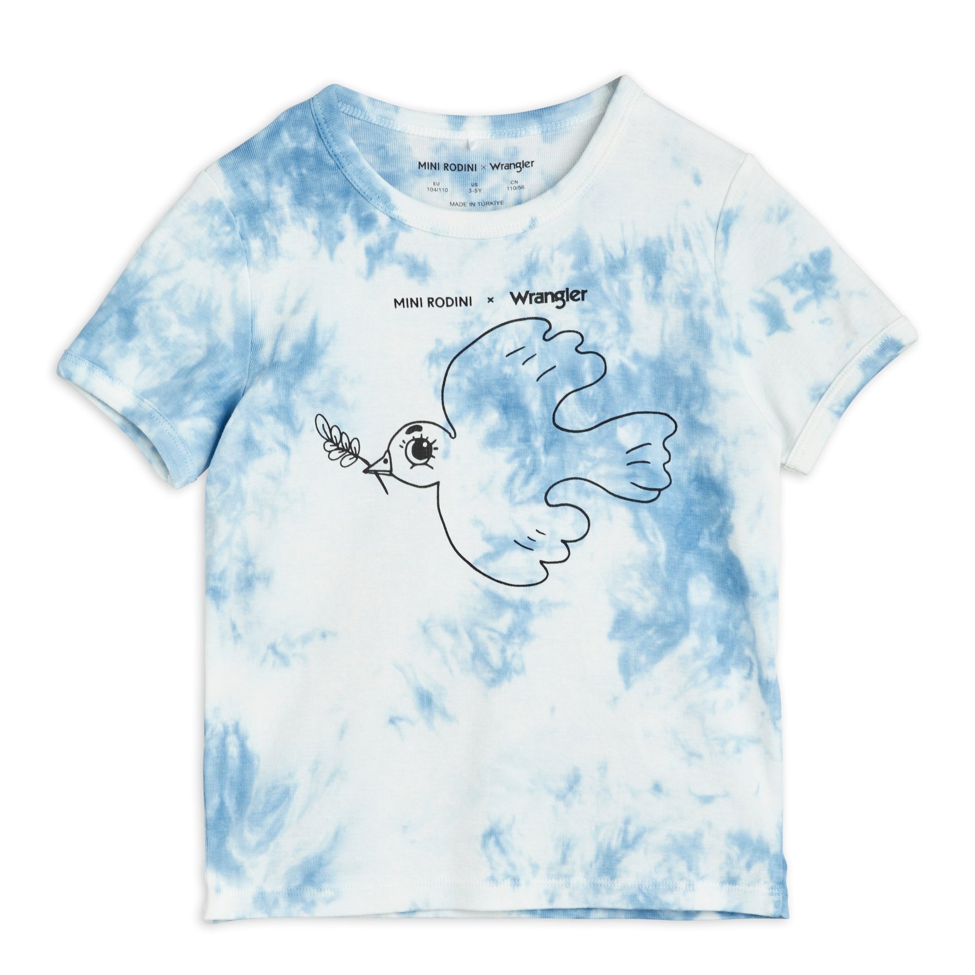 Mini Rodini Wrangler blue tie dye t shirt with dove print on front.