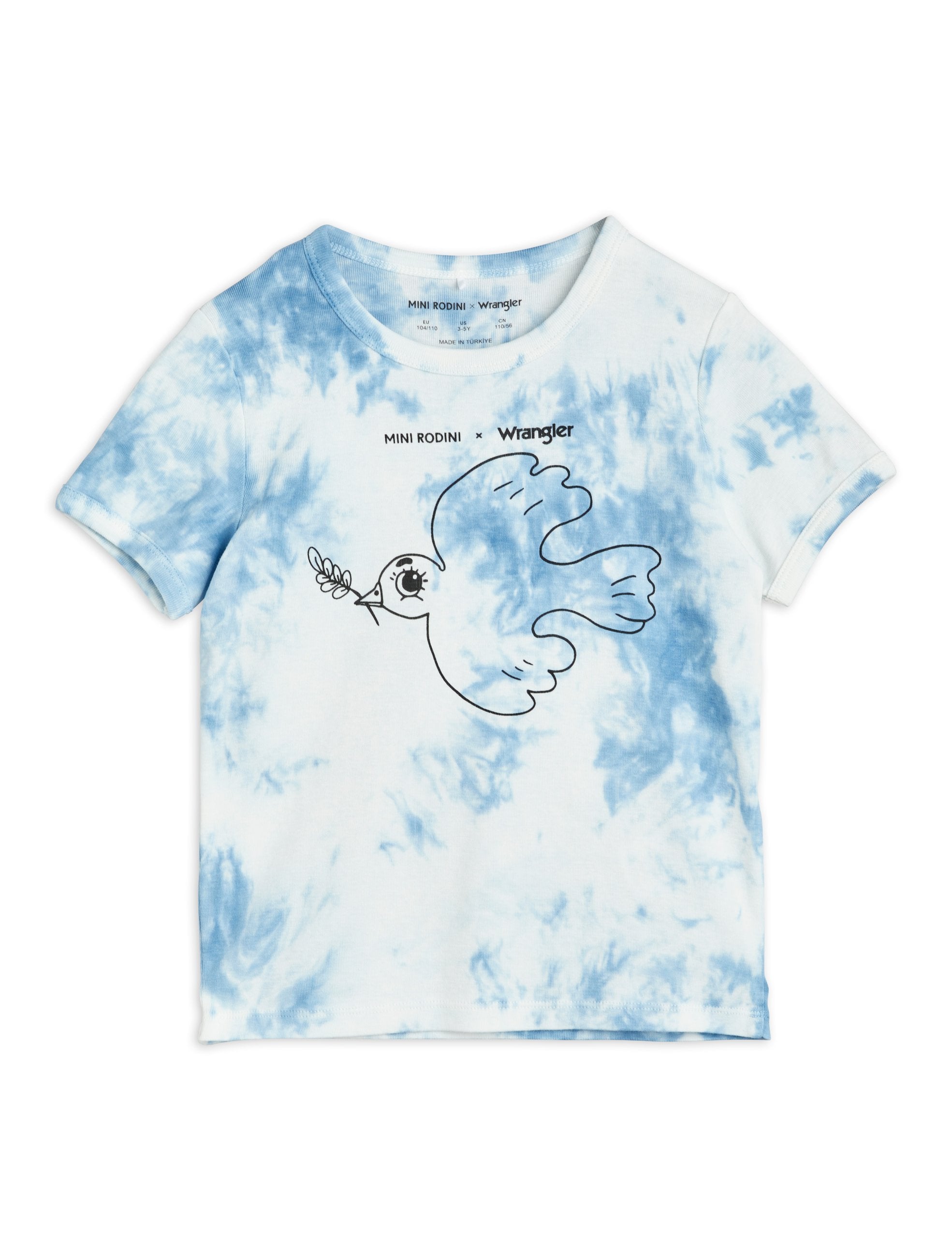 Mini Rodini Wrangler blue tie dye t shirt with dove print on front.