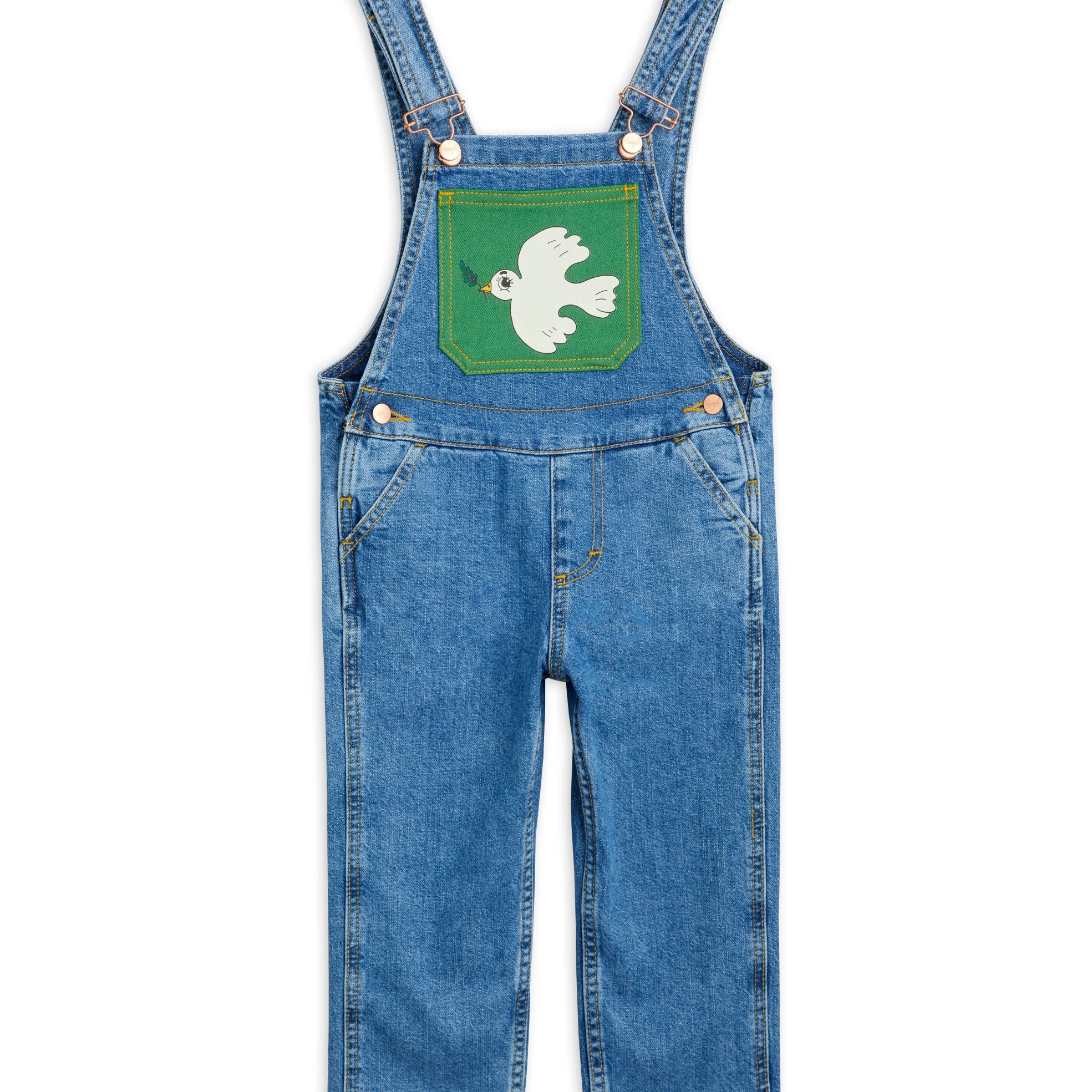 Mini Rodini and Wrangler denim overalls with green patch pocket and white dove print.