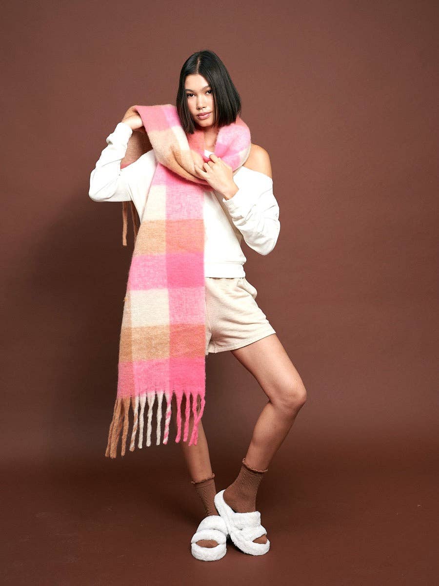 Angels Whisper | Neon Pink Checkered Fluffy Scarf