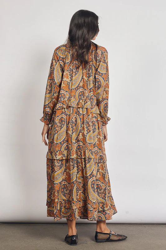 Bohemian Traders | Paisley Ruffle Maxi Dress- Navy