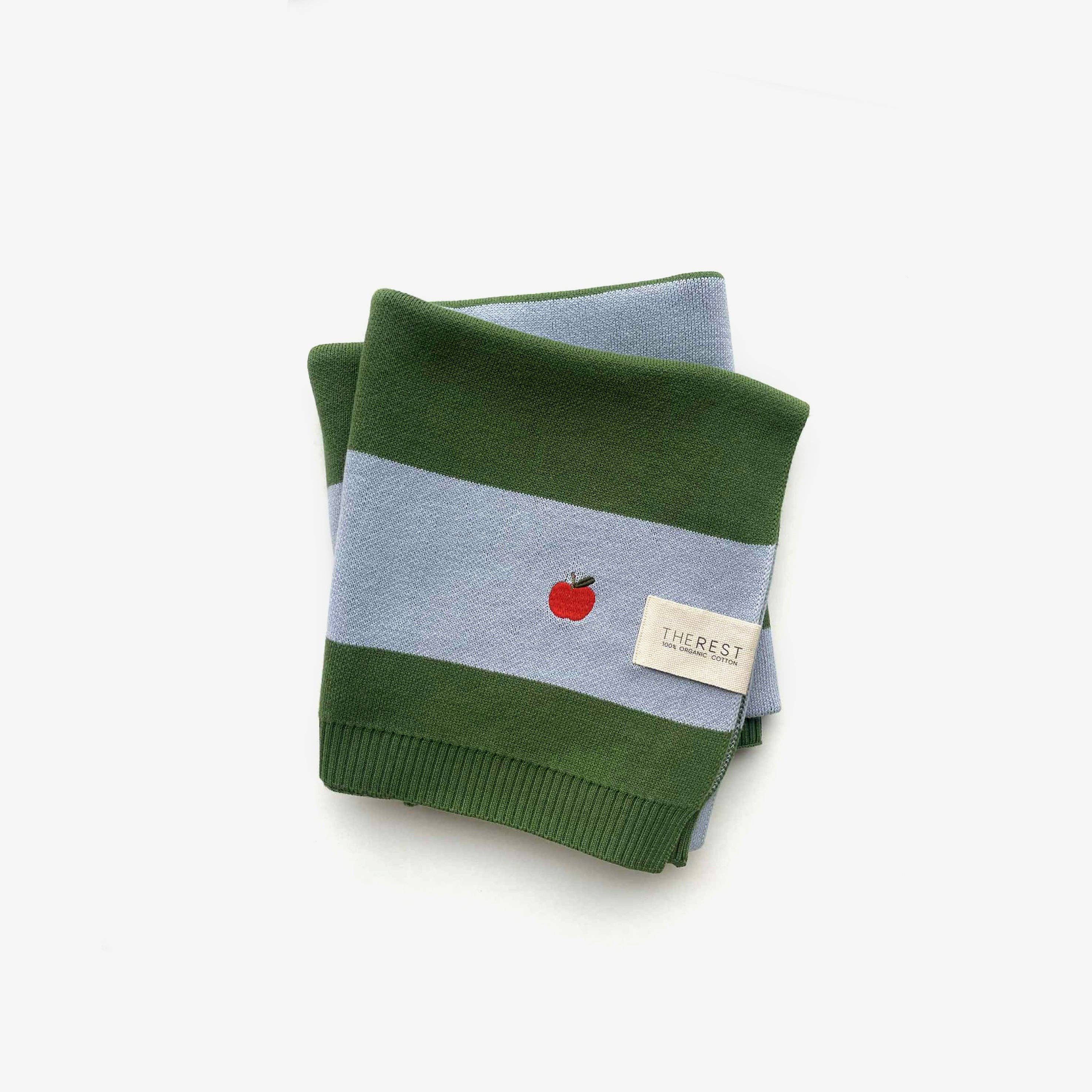 The Rest Organic Cotton Knit Blanket in Sky Clover Rugby Stripe — front view flat lay