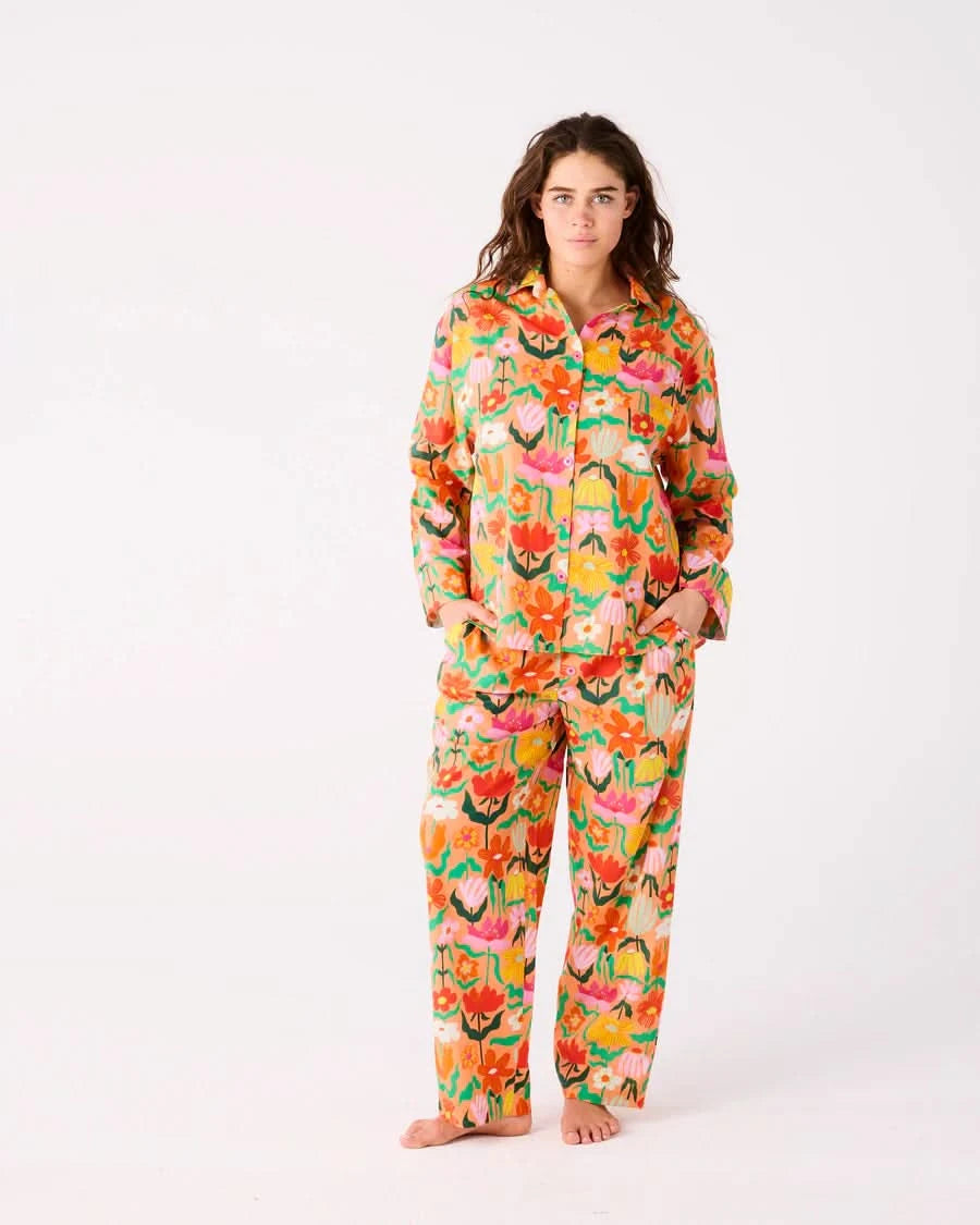 Kip & Co LADIES | Popping Flowers Peach Adult Organic Cotton Long Sleeve Pyjama Set