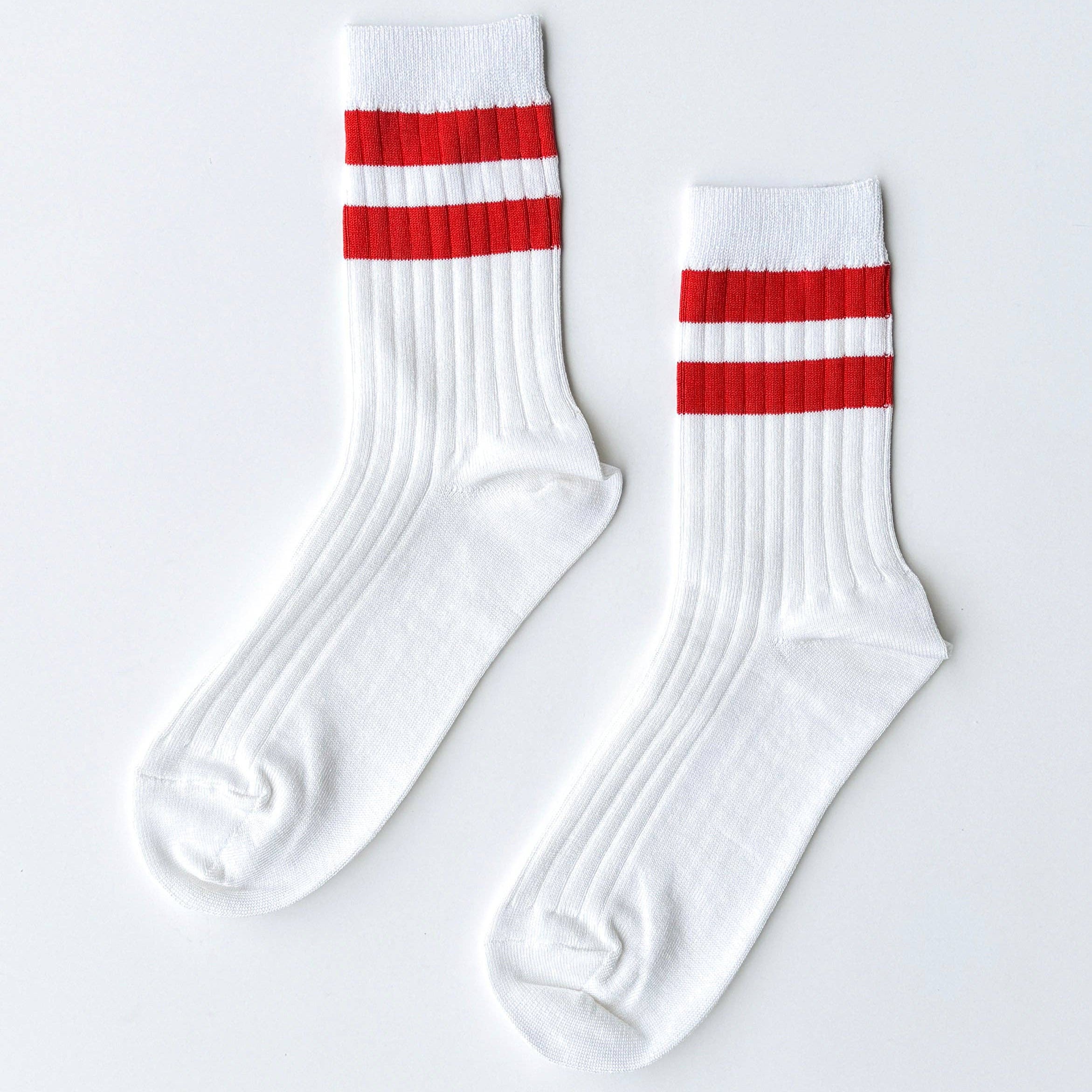 White and coral striped varsity crew socks by Le Bon Shoppe