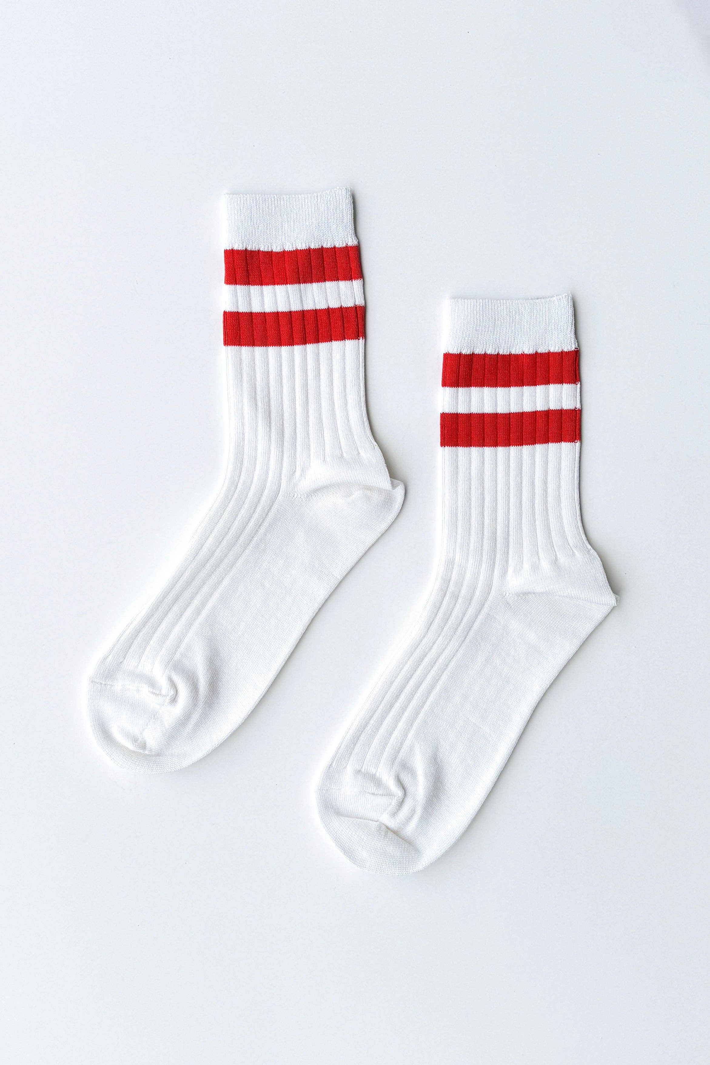 White and coral striped varsity crew socks by Le Bon Shoppe