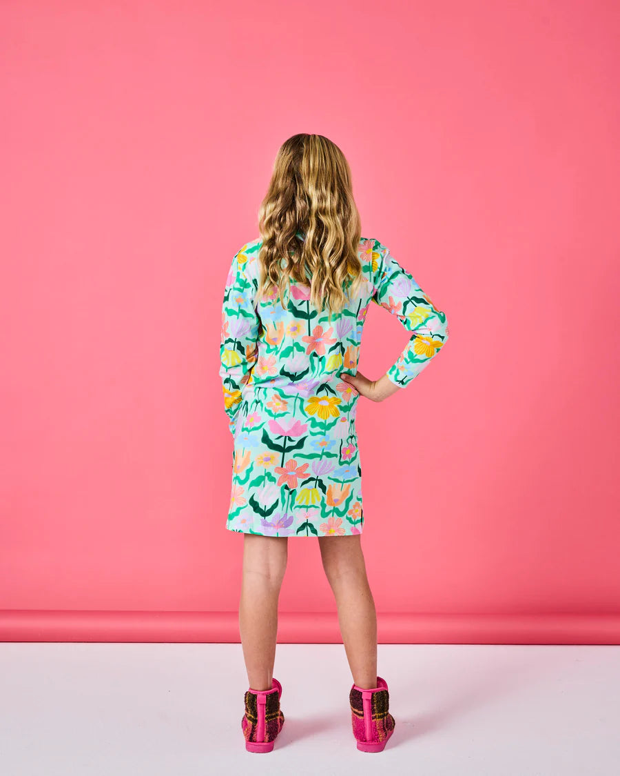 Kip & Co KIDS | Popping Flowers Green Kids Organic Cotton Long Sleeve Nightie