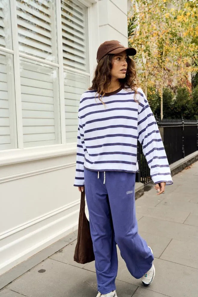 Ceres Life | Beau Long Sleeve Slouchy Tee- White/Blue/Choc stripe