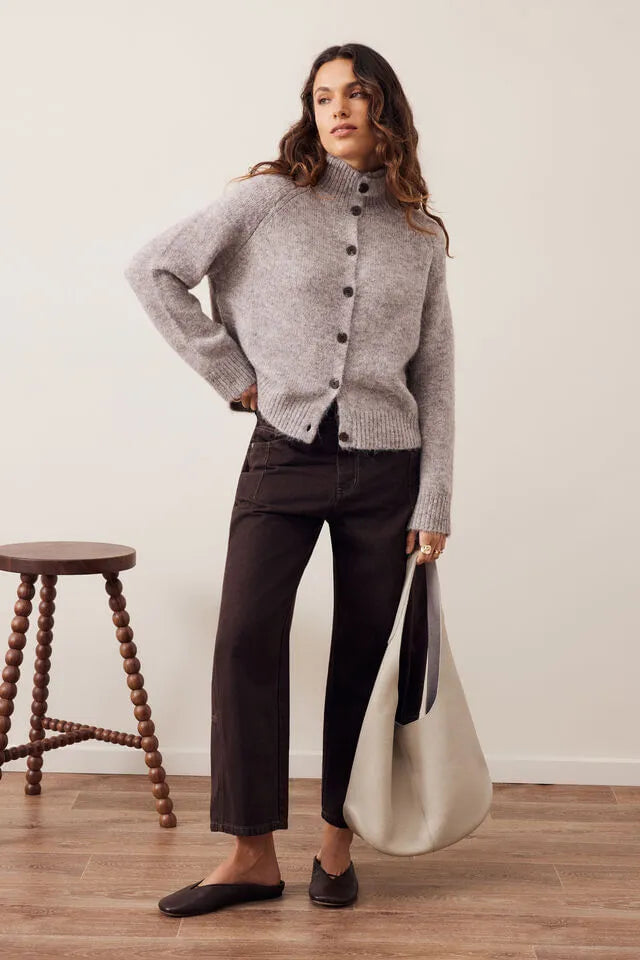 Ceres Life | Riley Funnel Neck Tab Cardi- taupe marle