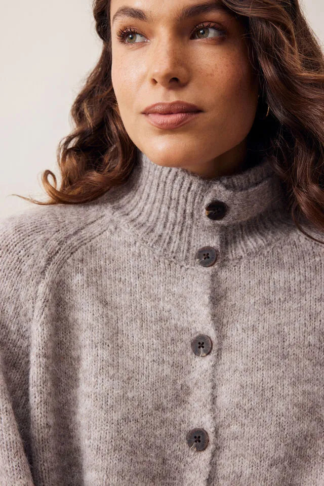 Ceres Life | Riley Funnel Neck Tab Cardi- taupe marle