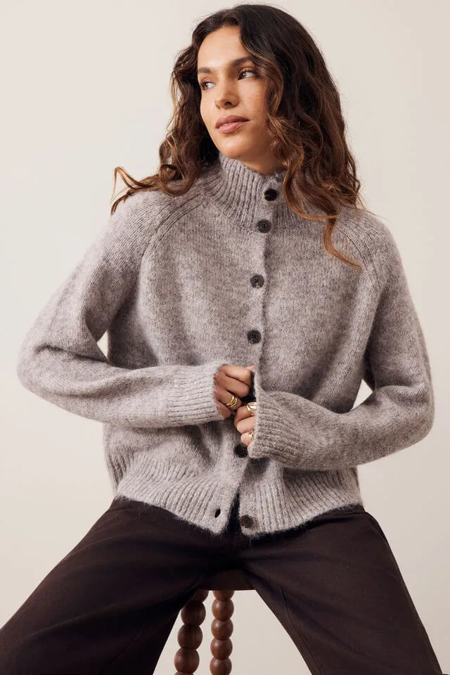 Ceres Life | Riley Funnel Neck Tab Cardi- taupe marle