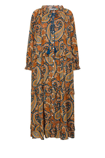 Bohemian Traders | Paisley Ruffle Maxi Dress- Navy