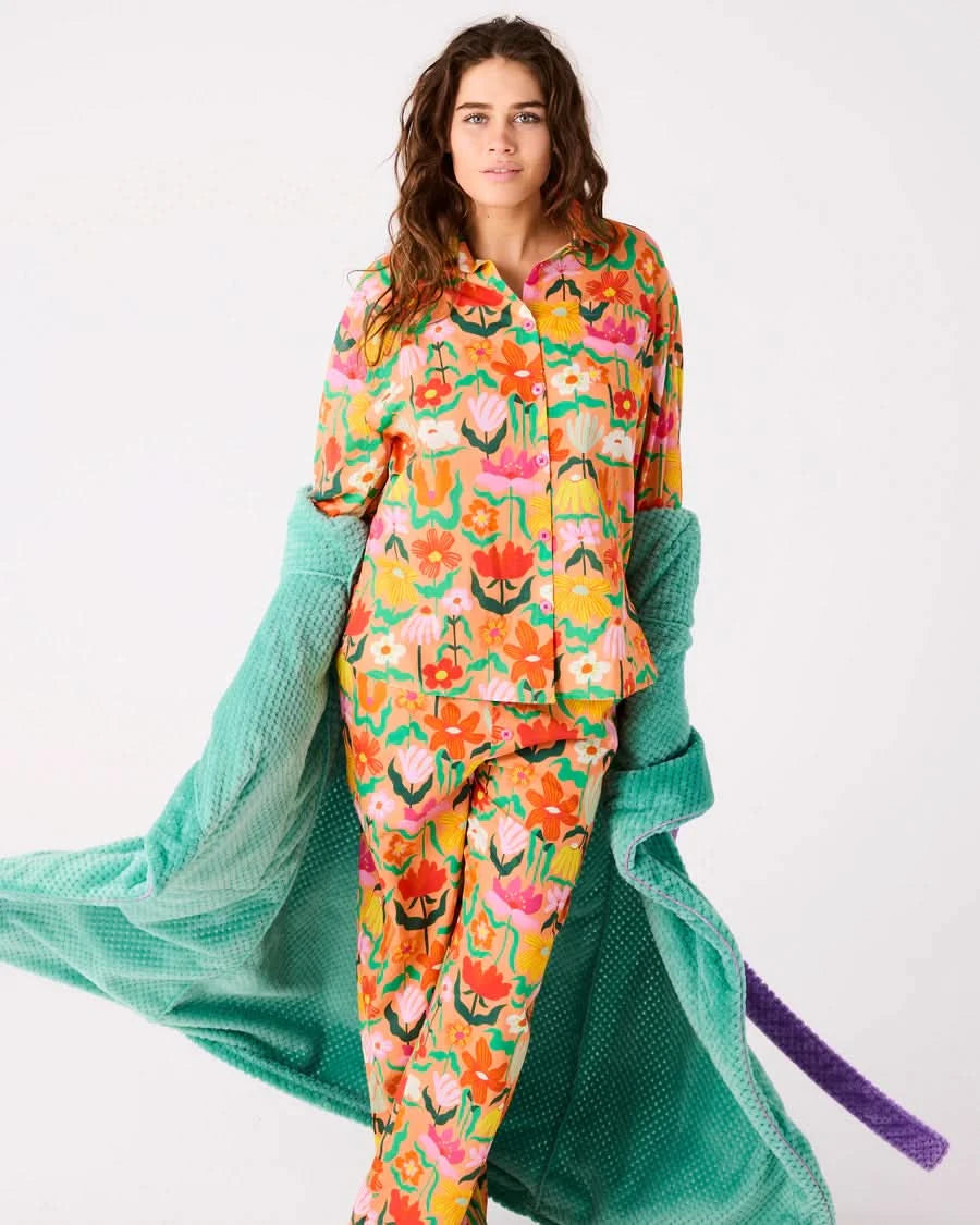 Kip & Co LADIES | Popping Flowers Peach Adult Organic Cotton Long Sleeve Pyjama Set