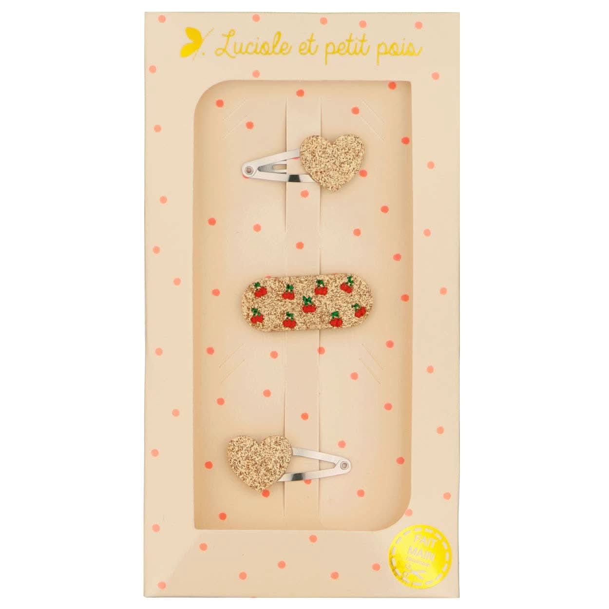 Luciole et Petit Pois | Gift box - Mini gold & red cherry heart hair clips