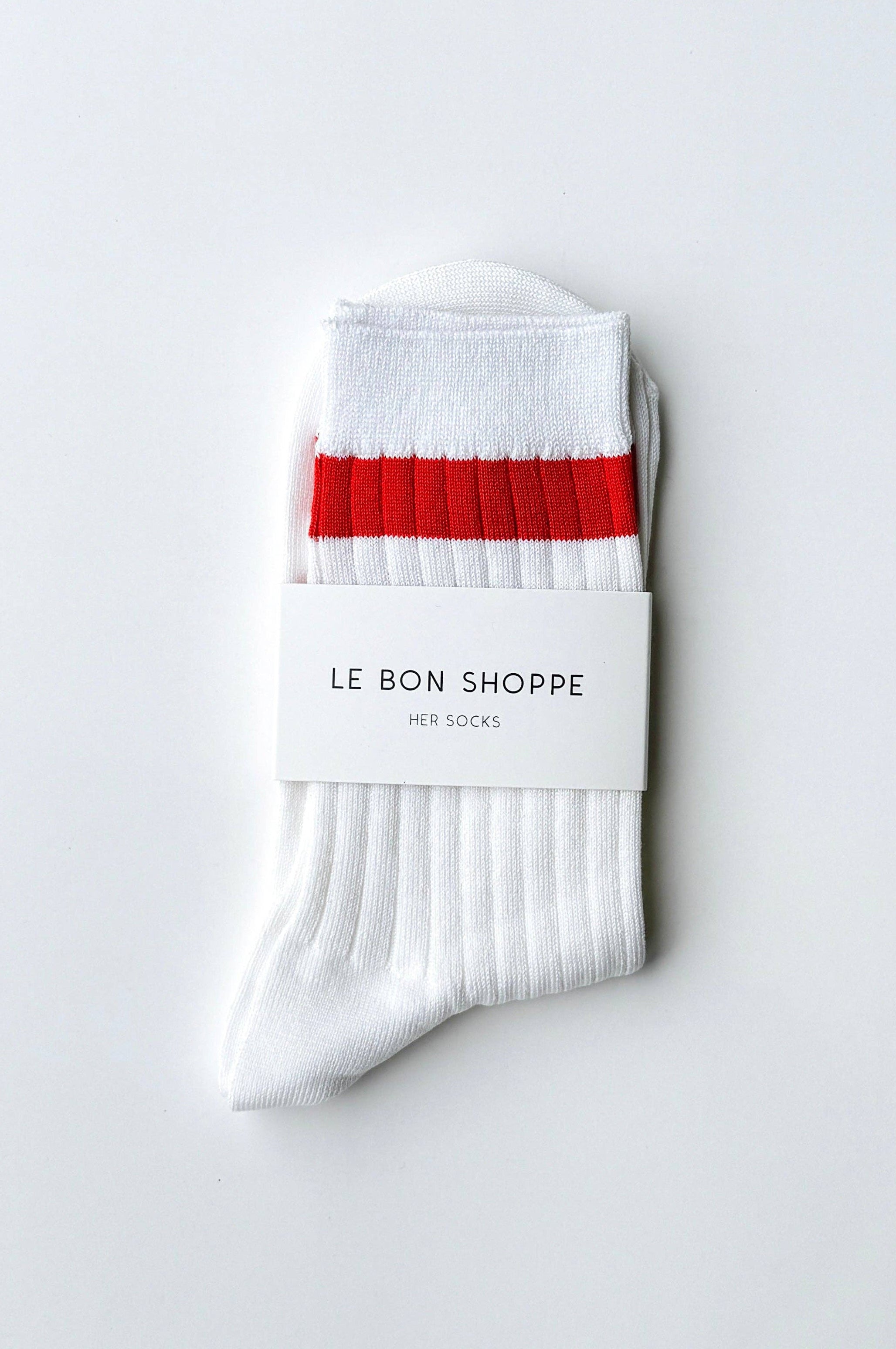 Le Bon Shoppe Her Varsity Socks in White and Coral worn with loafers