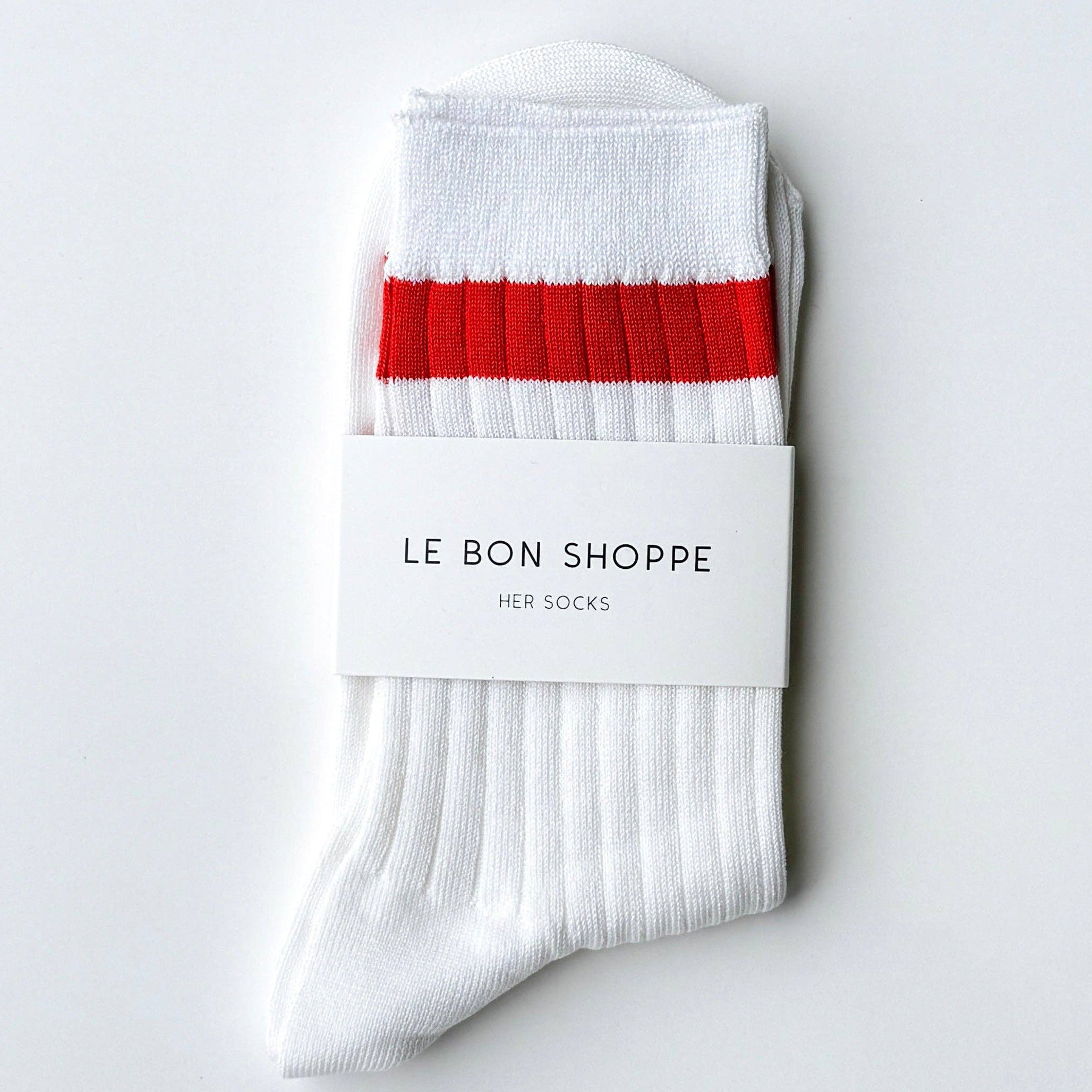 Le Bon Shoppe Her Varsity Socks in White/Coral, bold stripe crew sock in mercerized cotton