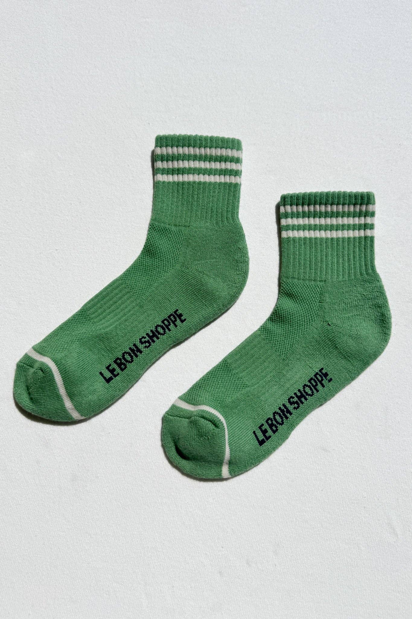 Close-up of the triple stripe trim on Le Bon Shoppe Girlfriend Socks in Avocado