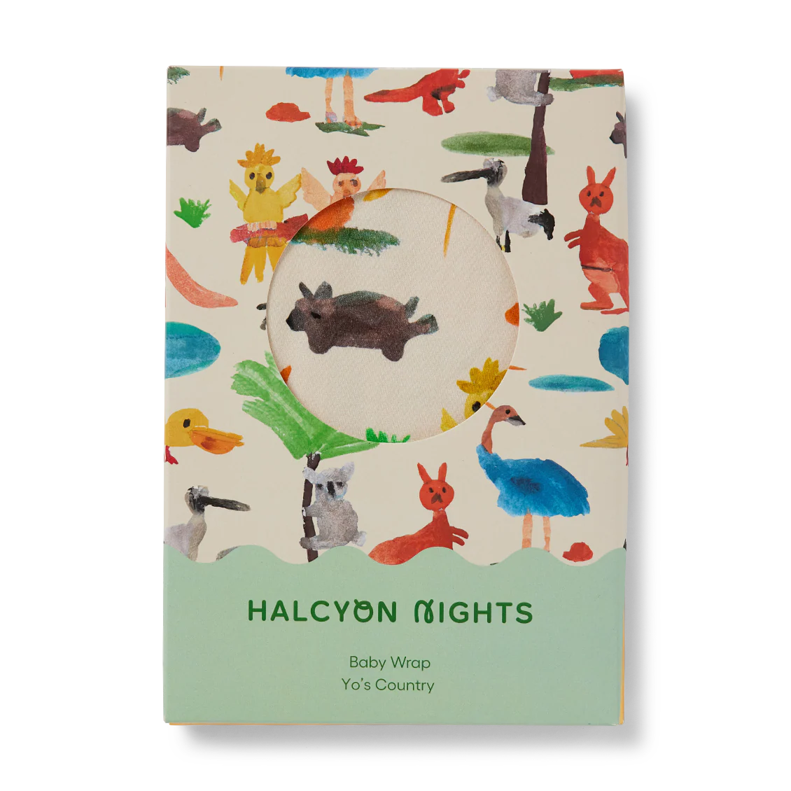 Halcyon Nights Baby Wrap in Yo's Country — front view flat lay