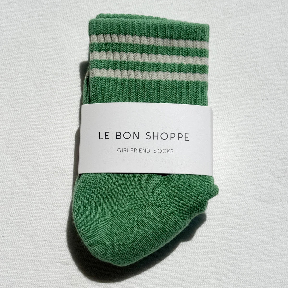 Le Bon Shoppe Girlfriend Socks in Avocado, triple contrast stripe crew sock