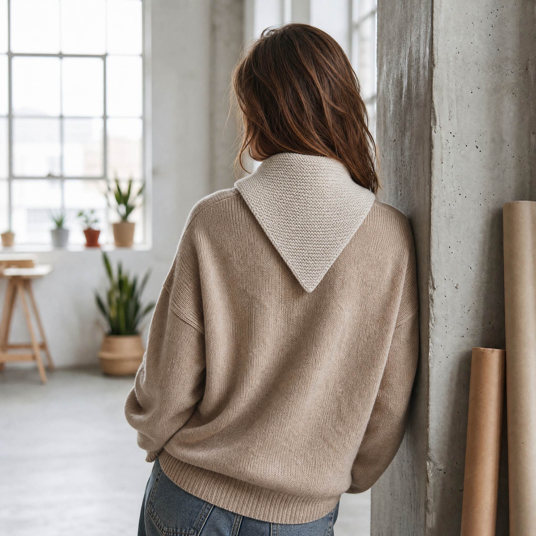 Paul James Knitwear - Cotton Textured Neckerchief- Oatmeal — styled lifestyle shot