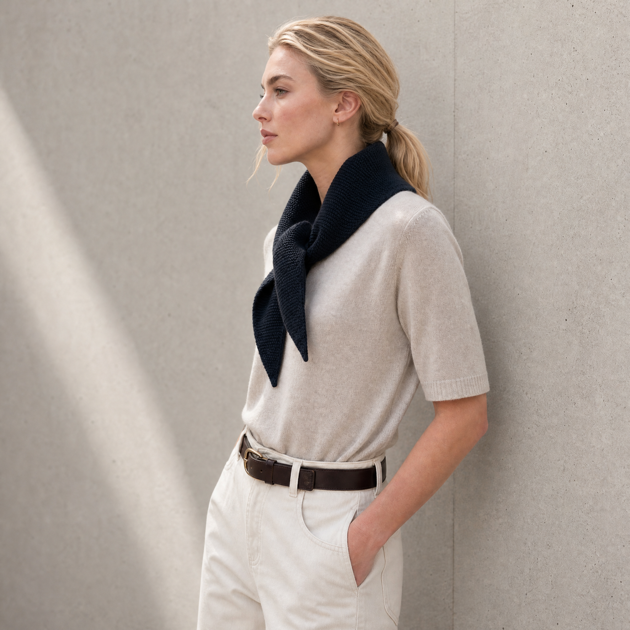 Paul James Knitwear - Cotton Textured Neckerchief- Navy — styled lifestyle shot