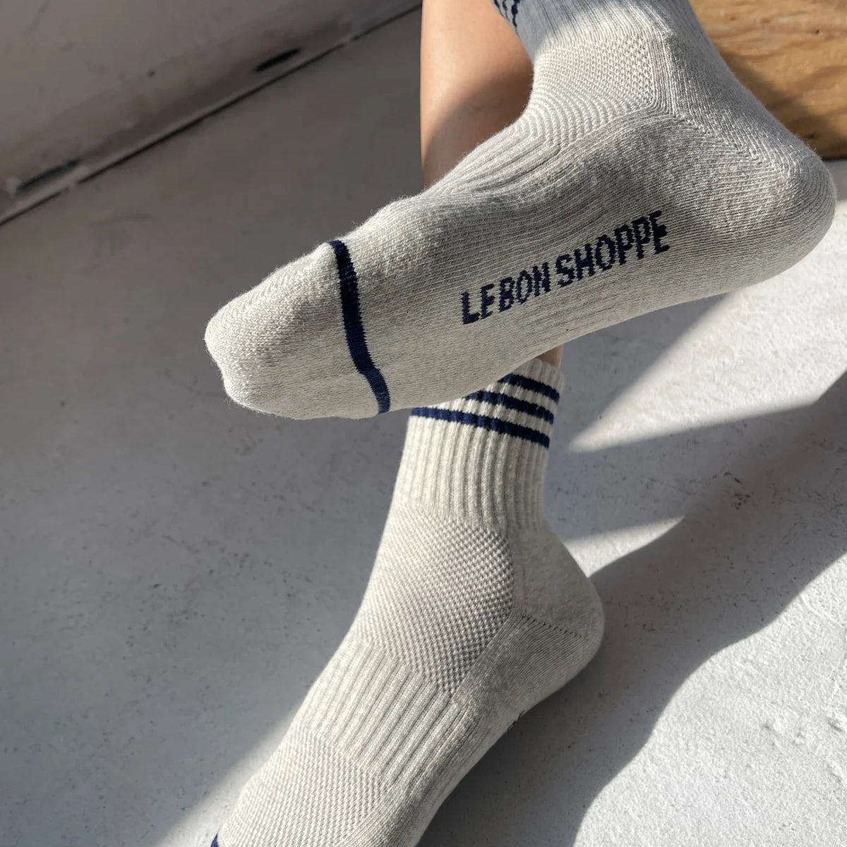 Close-up of the triple stripe trim on Le Bon Shoppe Girlfriend Socks in Sailor