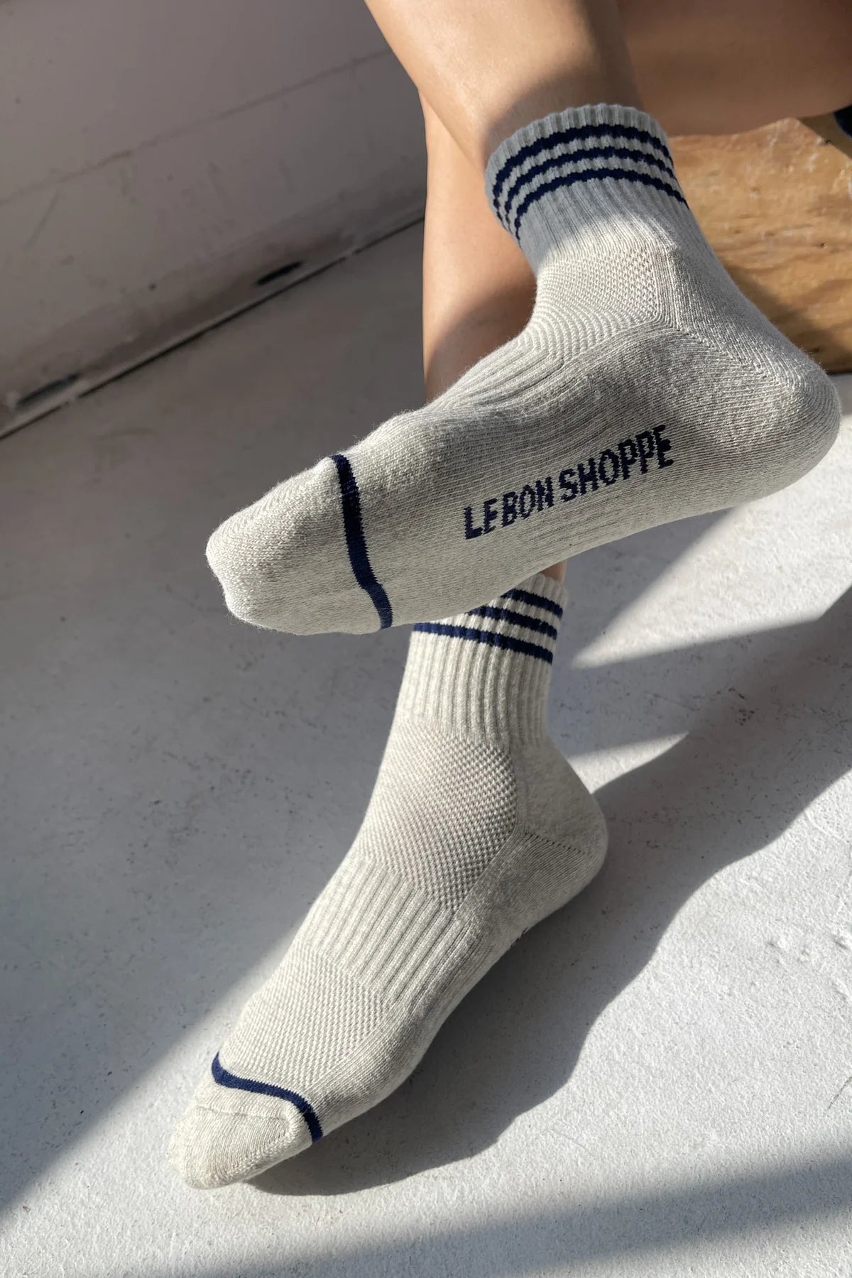 Close-up of the triple stripe trim on Le Bon Shoppe Girlfriend Socks in Sailor