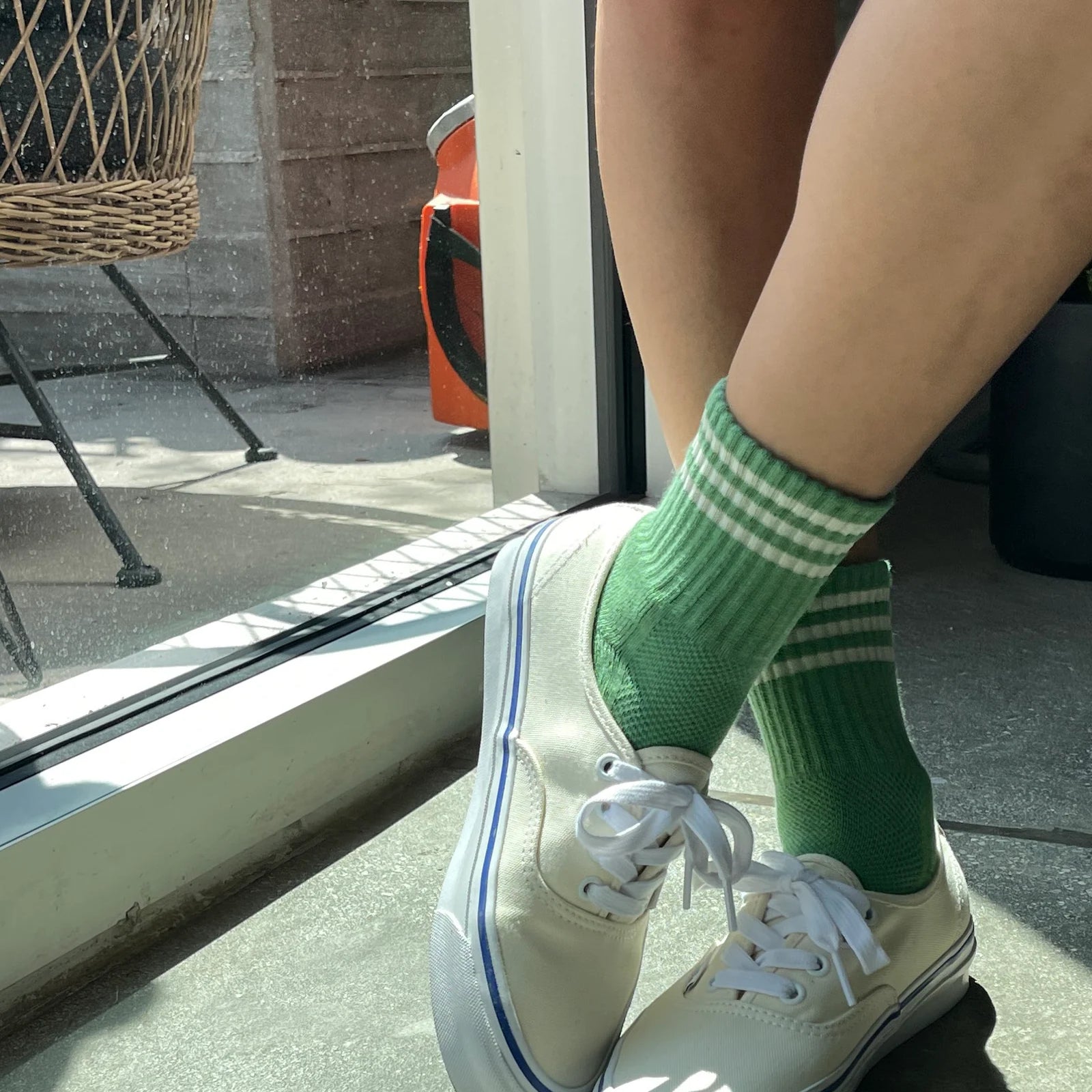 Avocado green crew socks with contrast stripe by Le Bon Shoppe