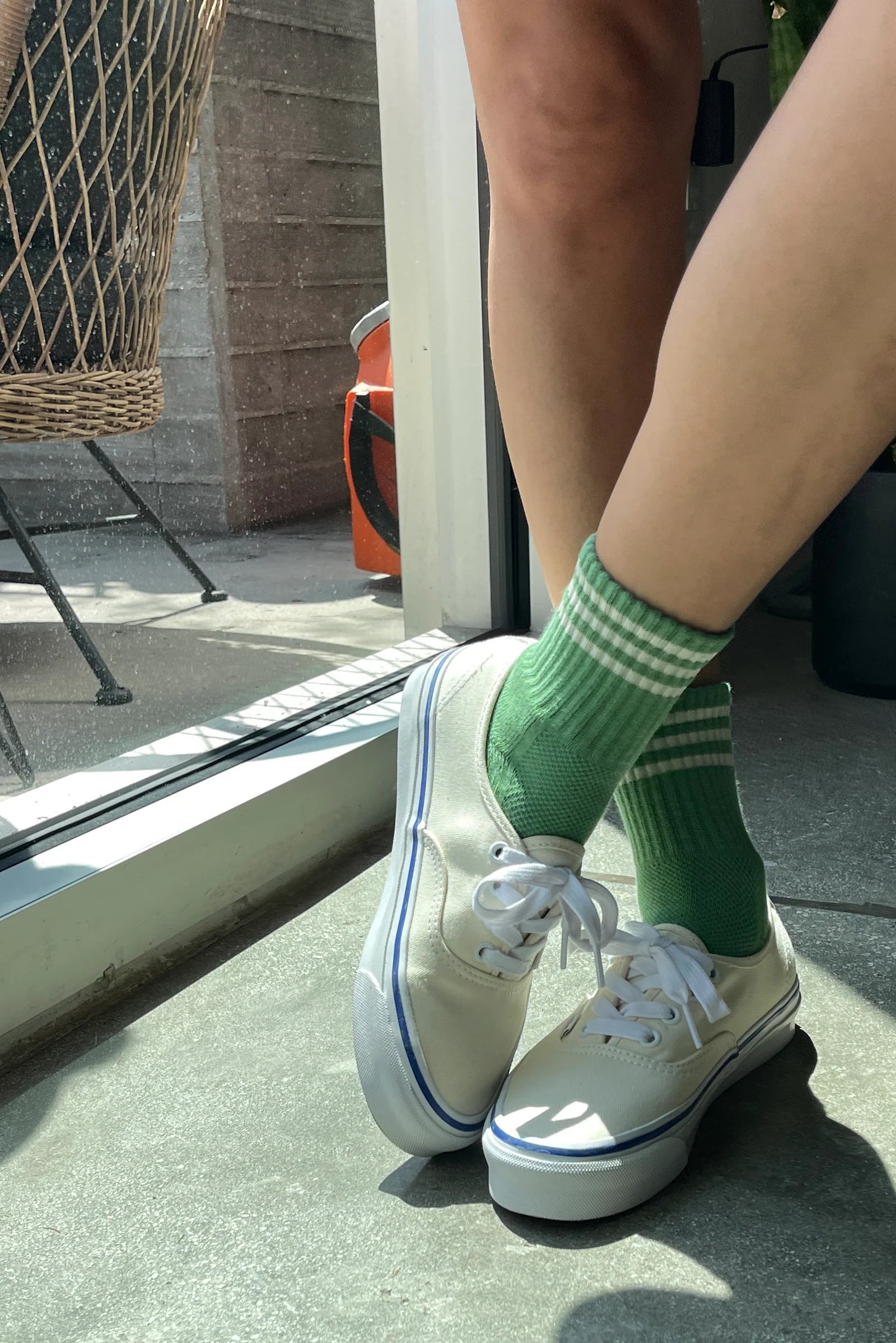 Avocado green crew socks with contrast stripe by Le Bon Shoppe