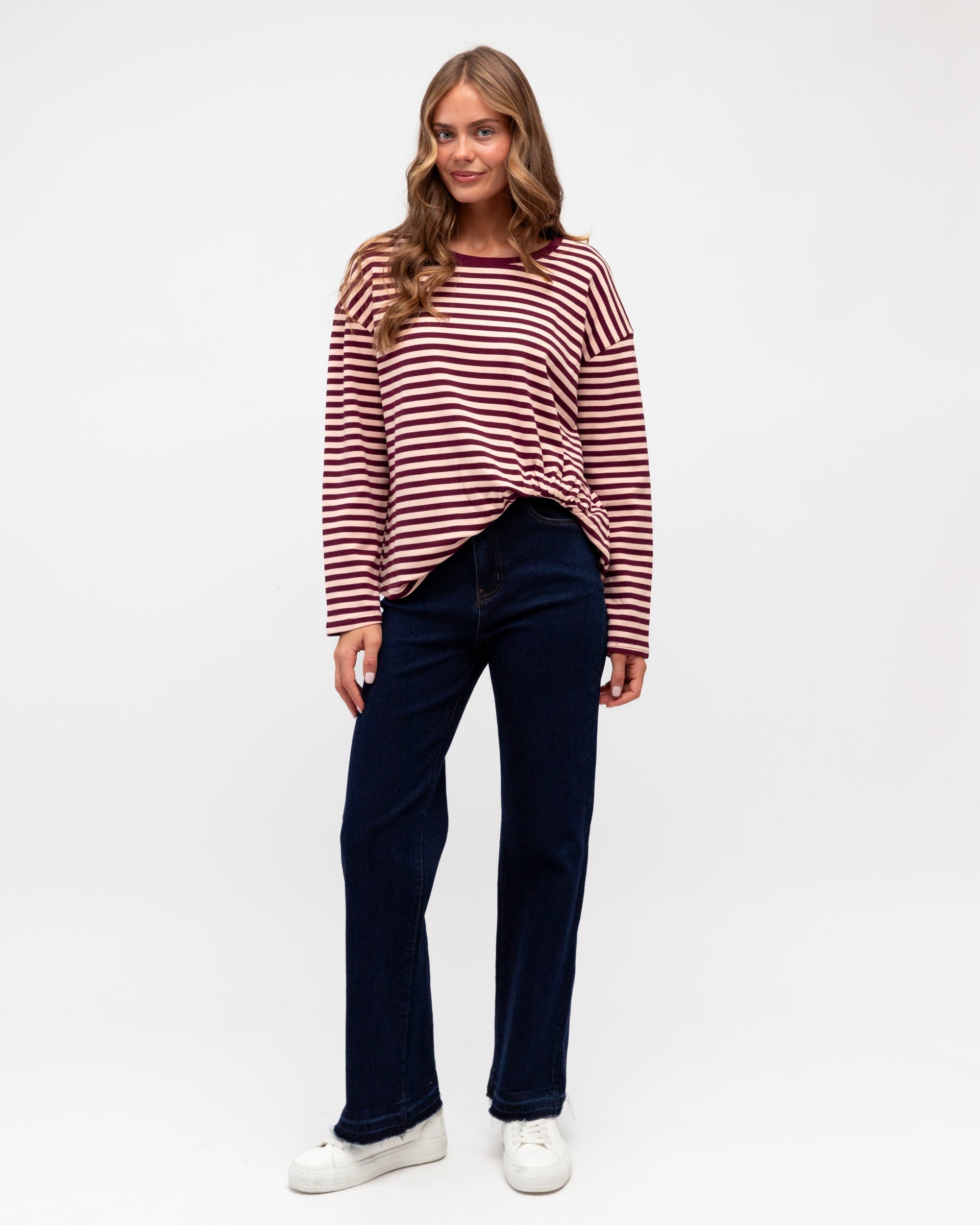 Label of Love | Easy Tuck Long Sleeve tee- Burgundy stripe