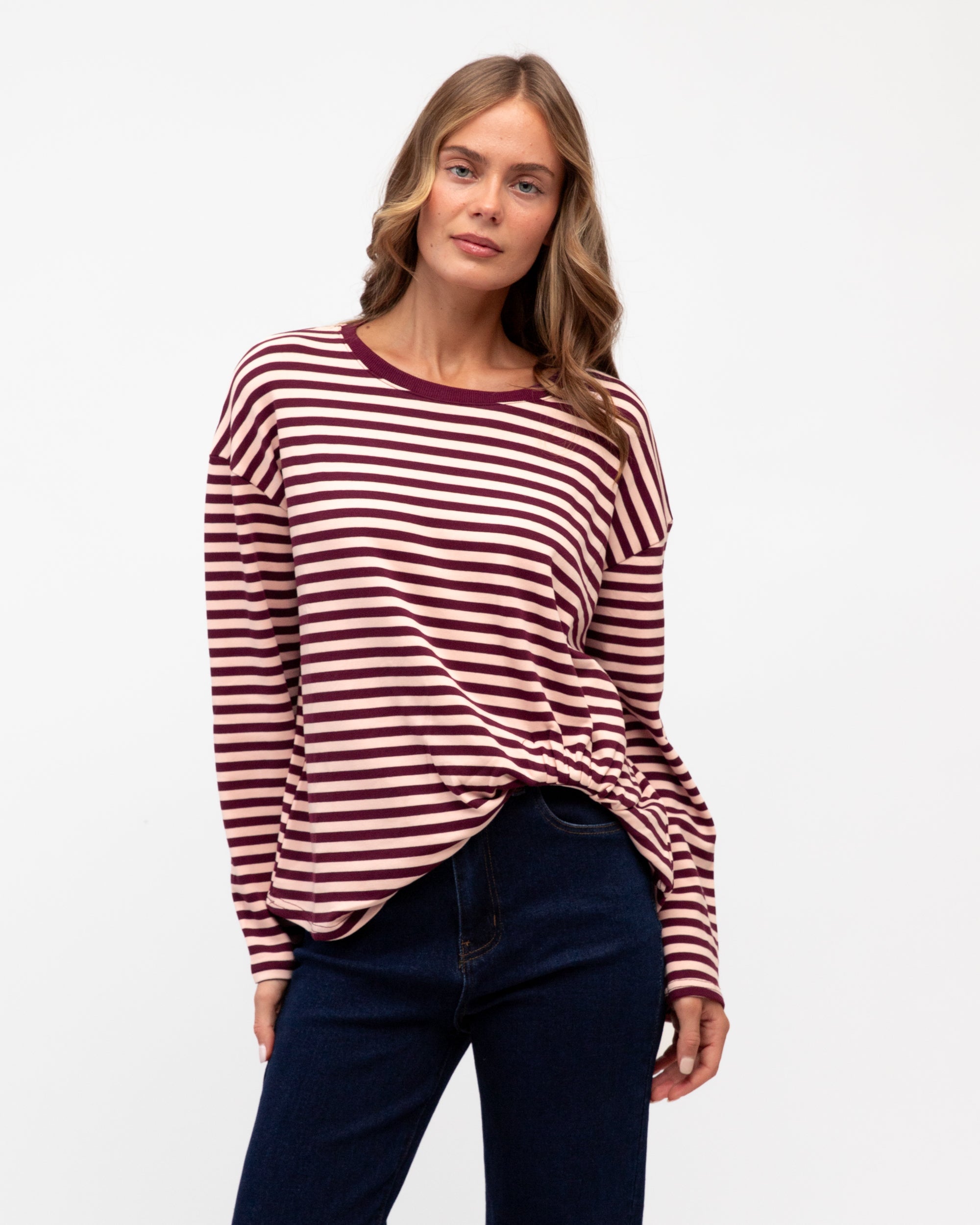 Label of Love | Easy Tuck Long Sleeve tee- Burgundy stripe