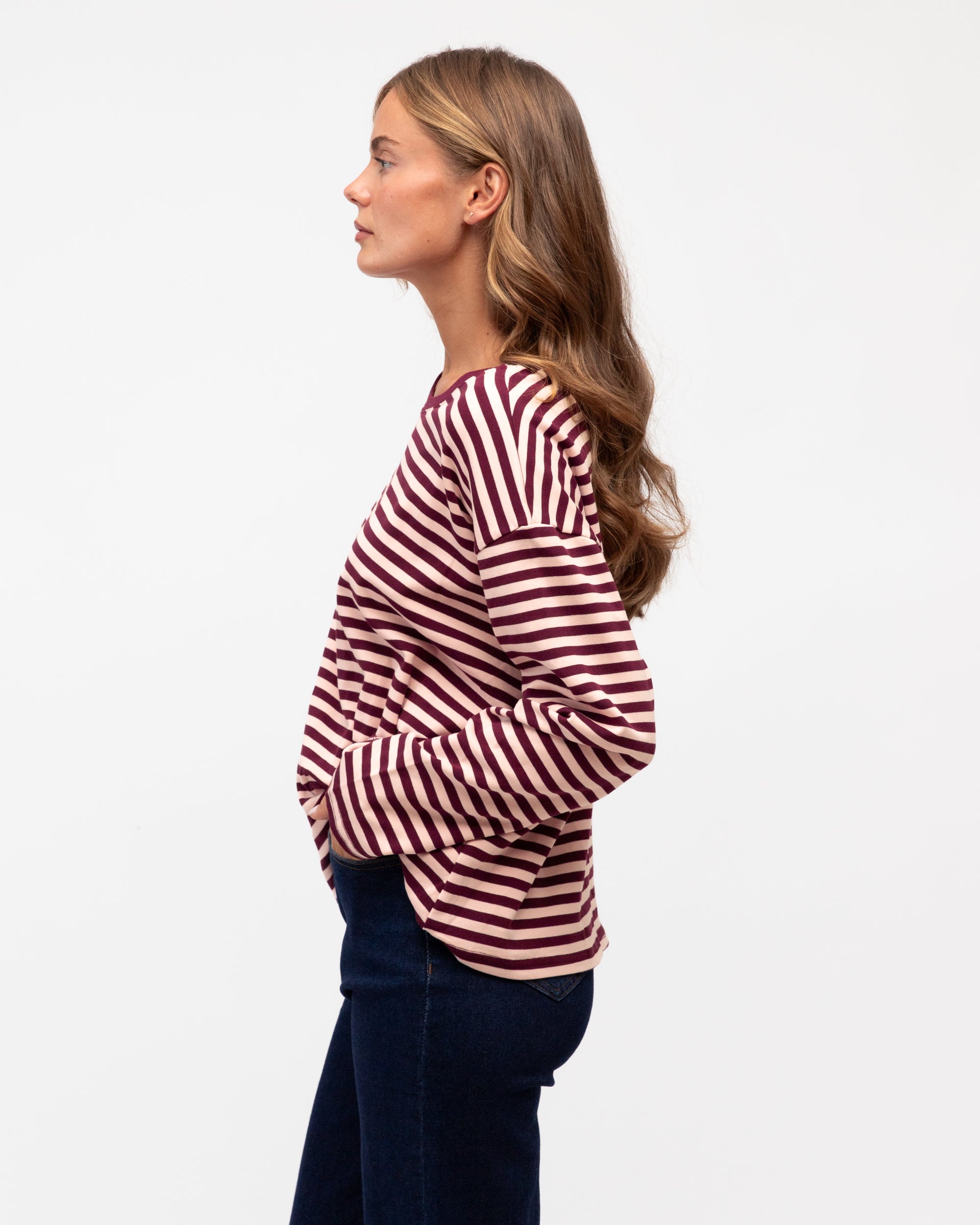 Label of Love | Easy Tuck Long Sleeve tee- Burgundy stripe