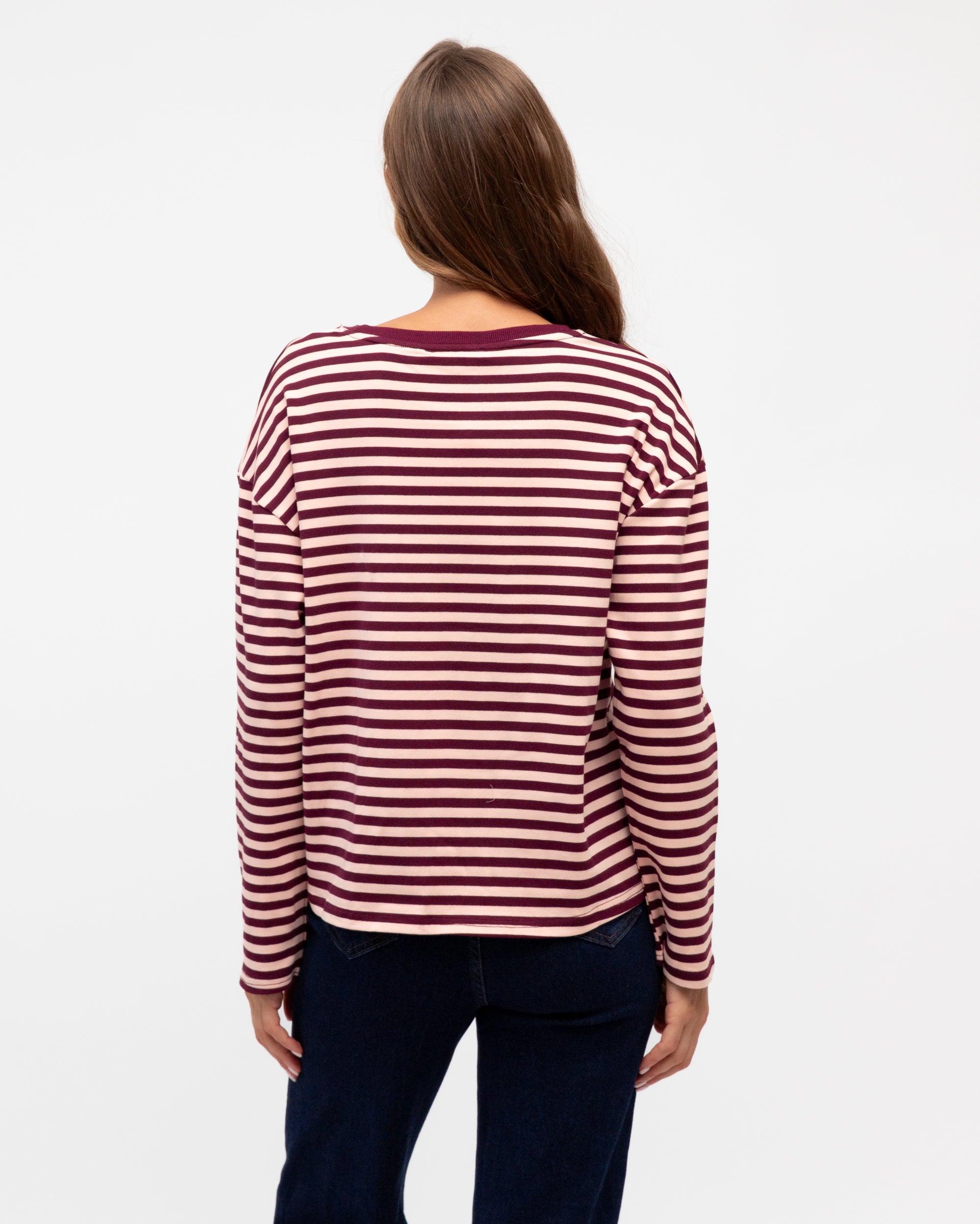 Label of Love | Easy Tuck Long Sleeve tee- Burgundy stripe