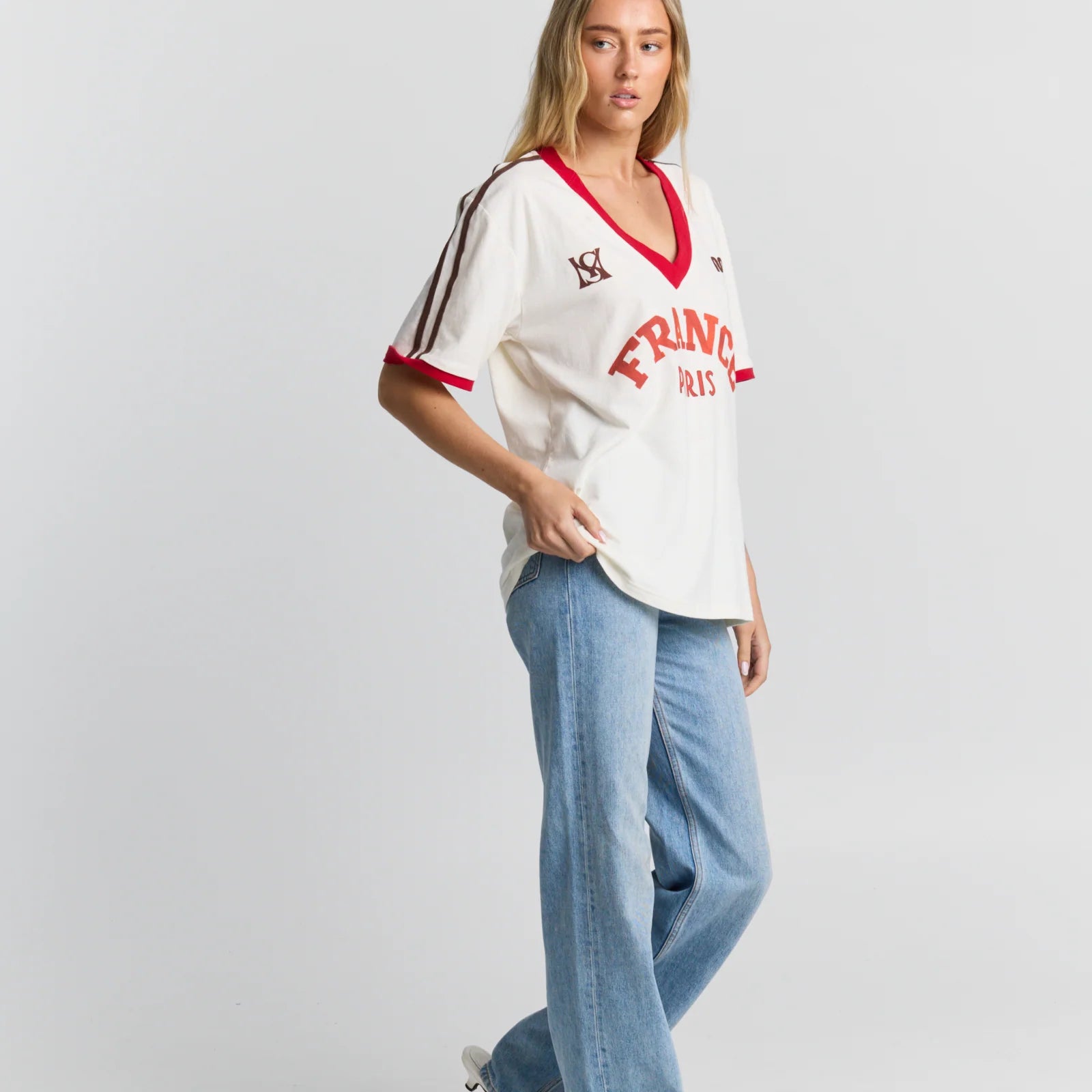 Maku - France V-neck Tee — styled lifestyle shot