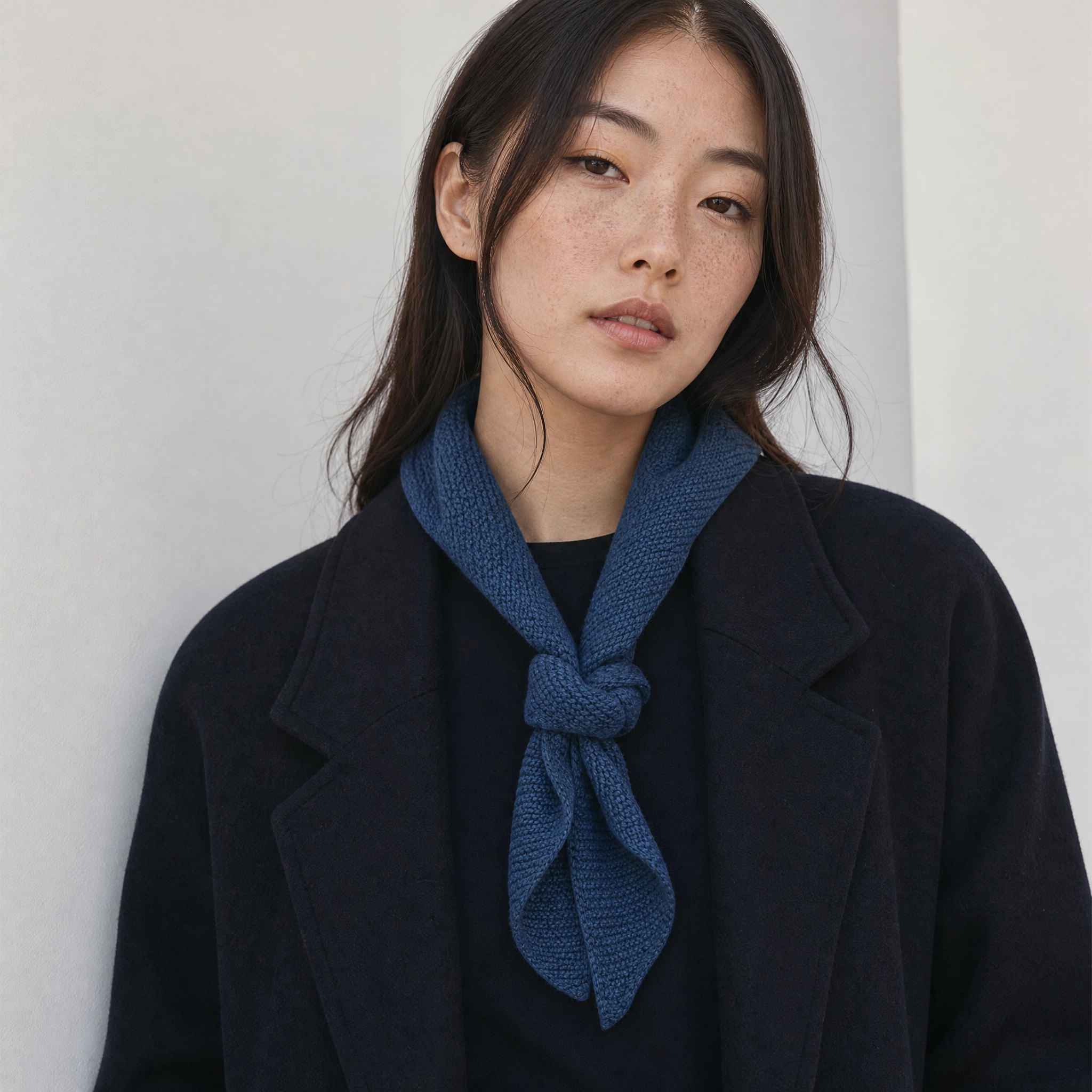Paul James Knitwear - Cotton Textured Neckerchief- Blue Melange — front view flat lay