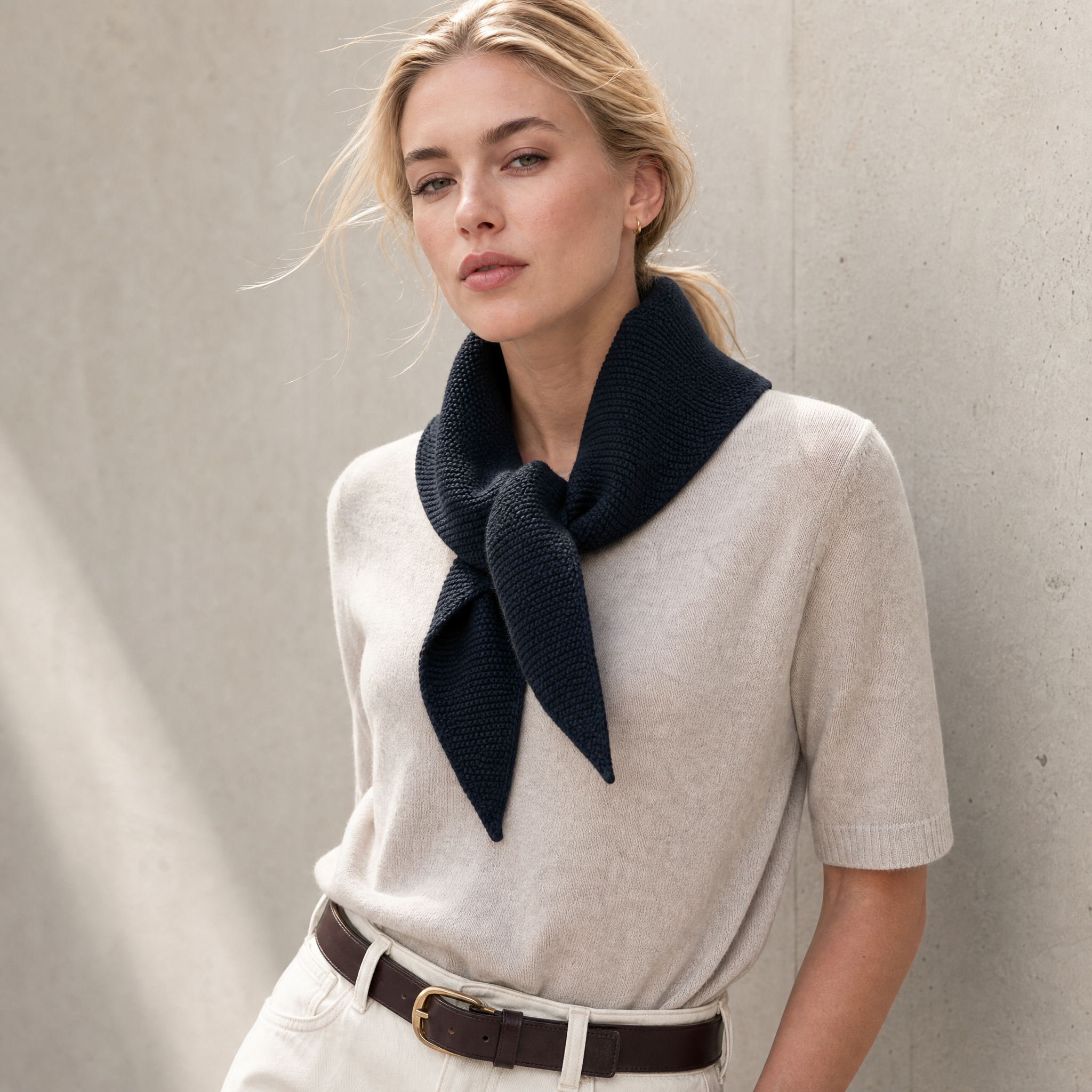 Paul James Knitwear - Cotton Textured Neckerchief- Navy — front view flat lay