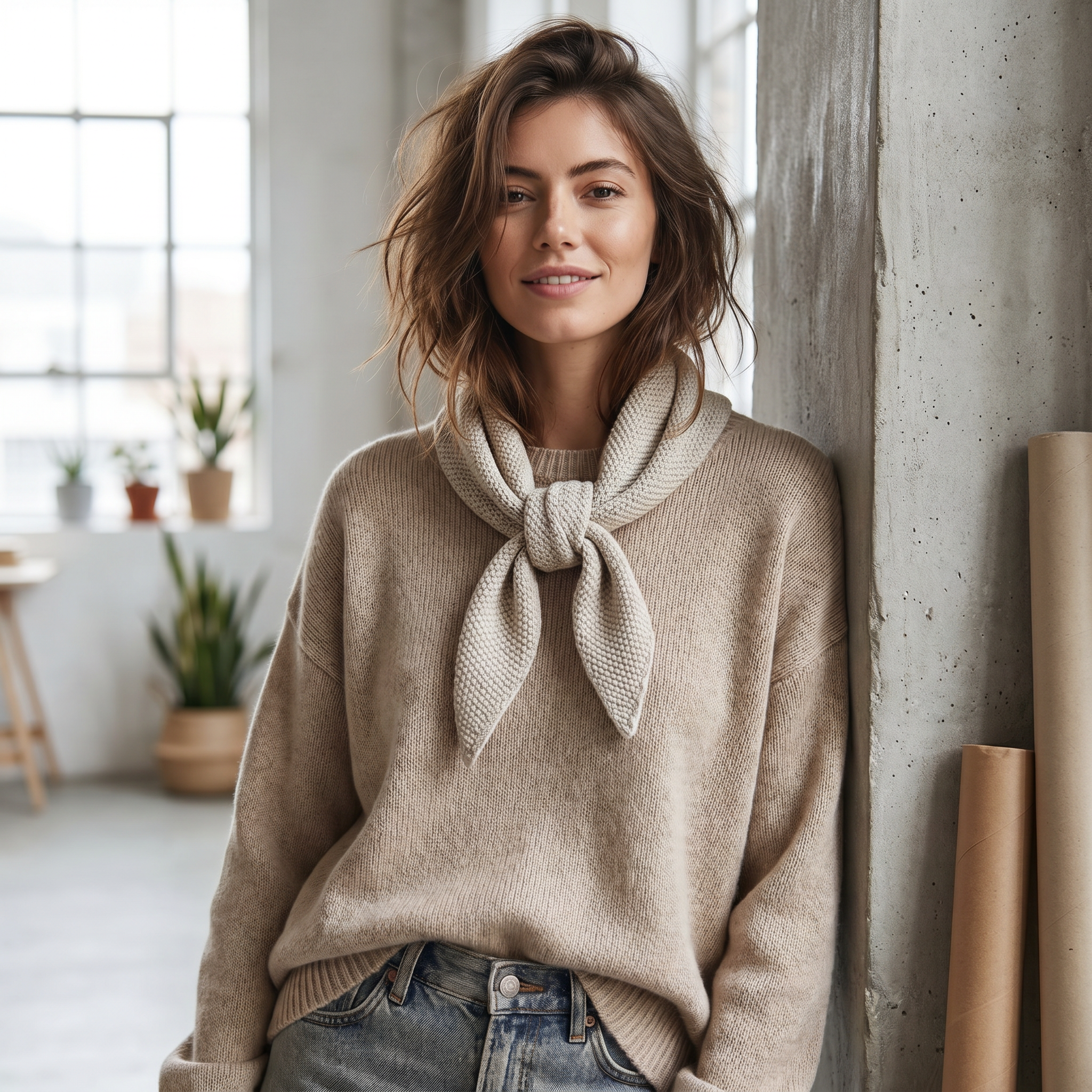 Paul James Knitwear - Cotton Textured Neckerchief- Oatmeal — front view flat lay
