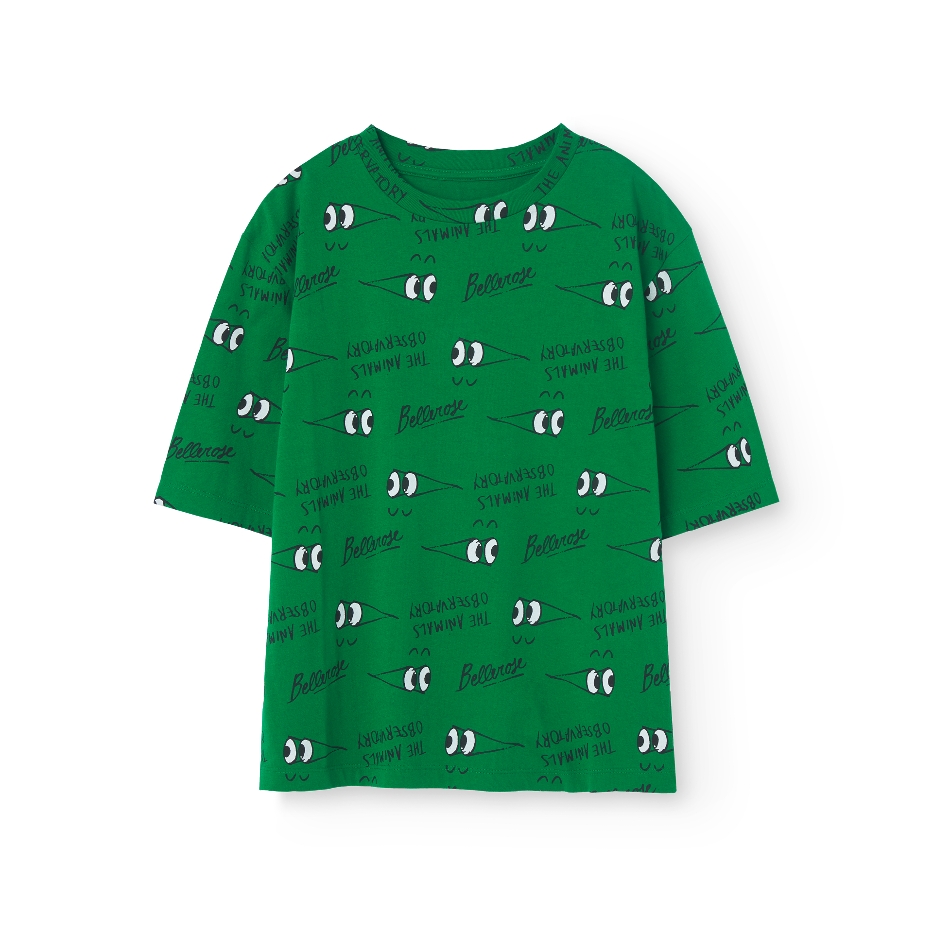 Bellerose X The Animals Observatory t shirt, green with peek-a-boo eyes print all over