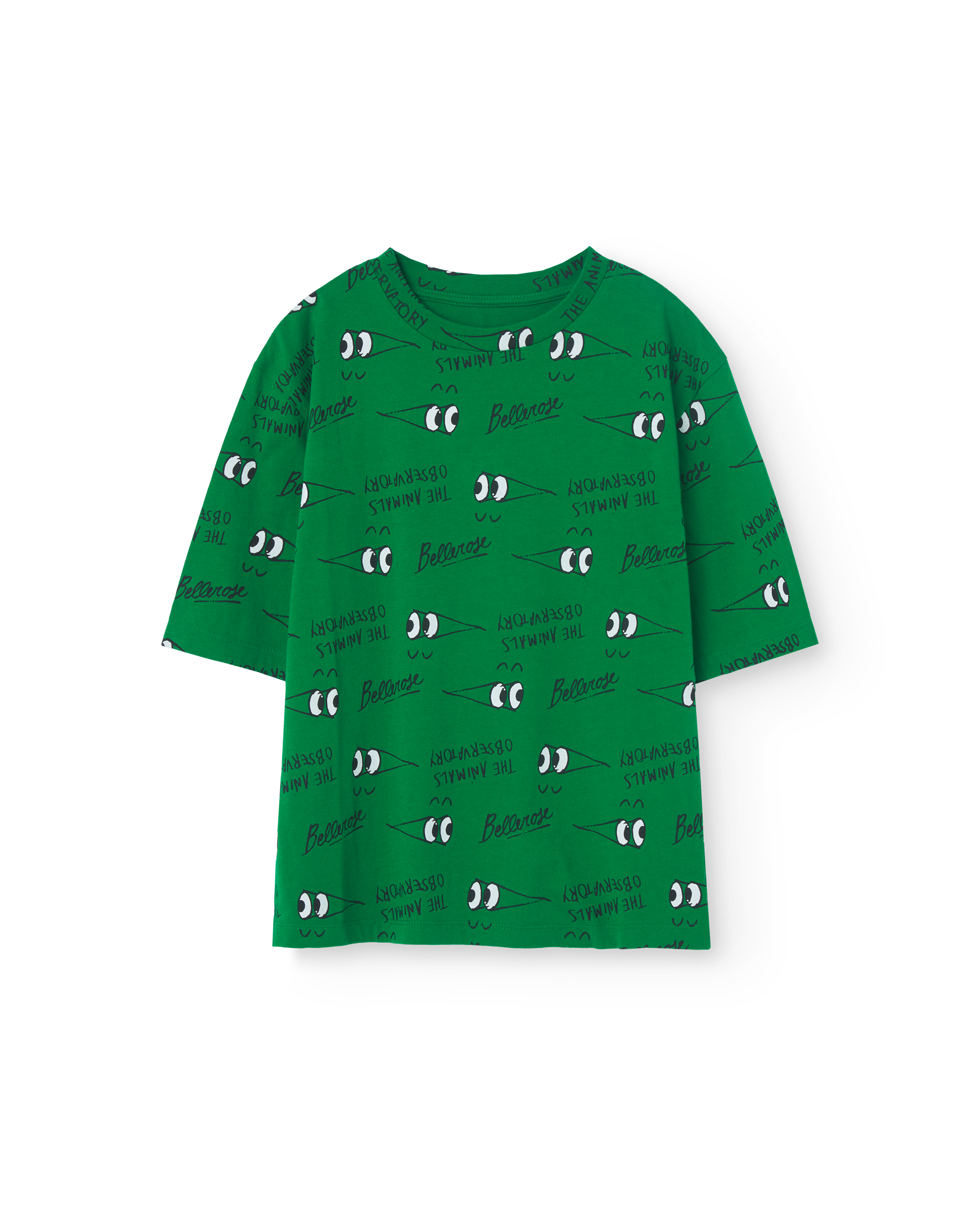 Bellerose X The Animals Observatory t shirt, green with peek-a-boo eyes print all over
