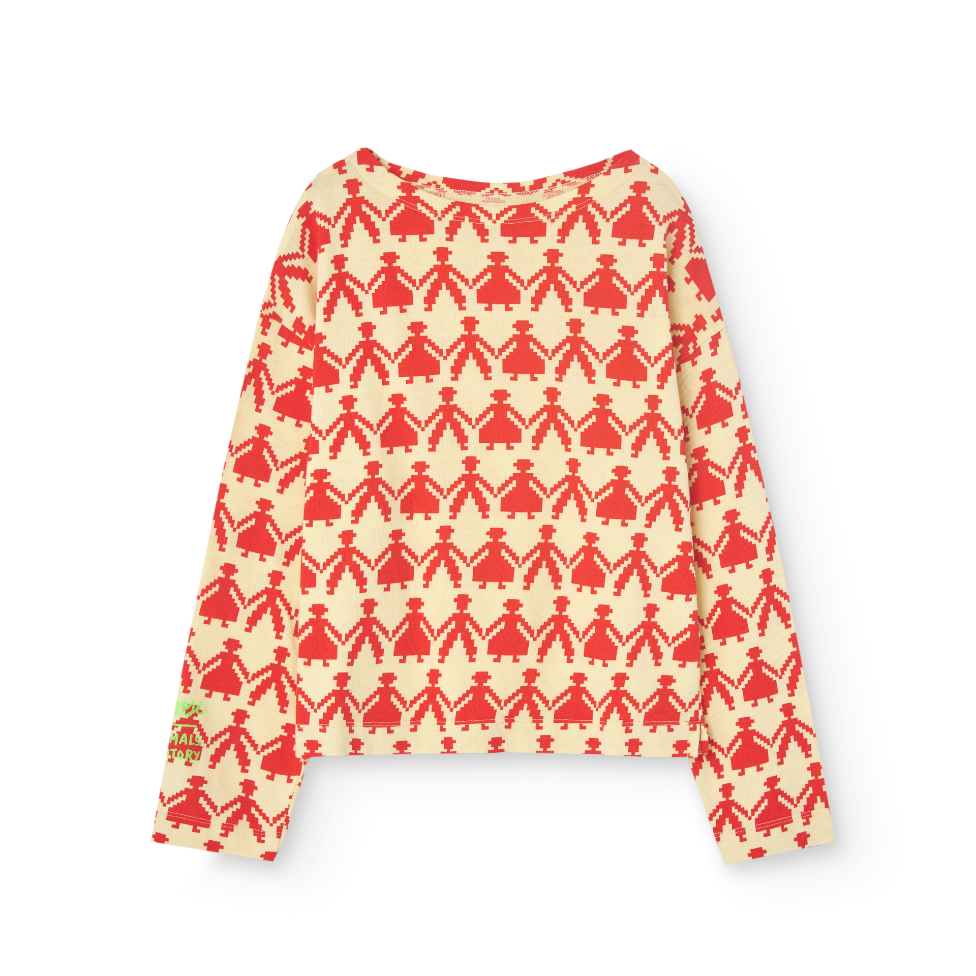 Bellerose X The Animals Observatory long sleeve top. Pale yellow with a red pixel print of people holding hands.