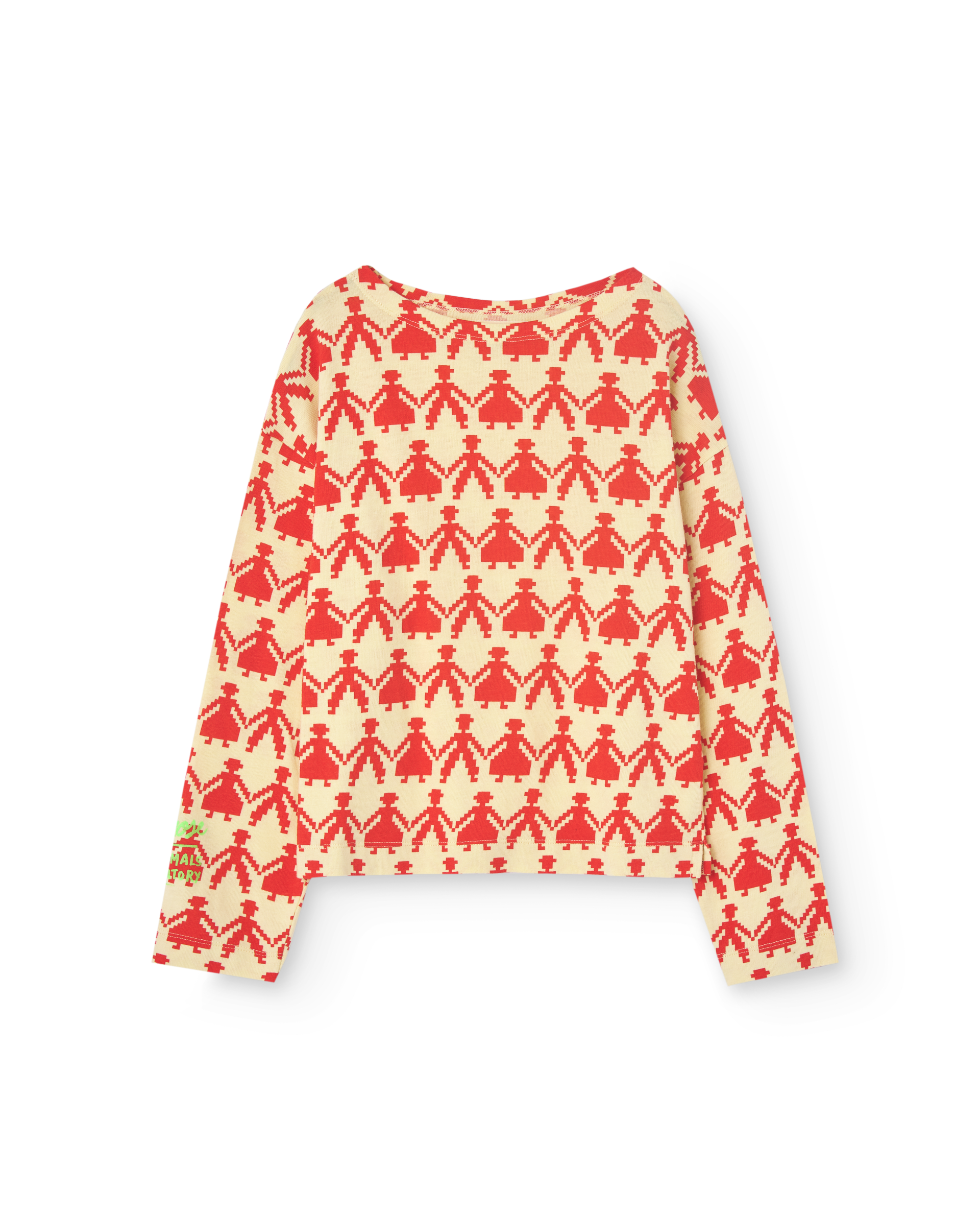 Bellerose X The Animals Observatory long sleeve top. Pale yellow with a red pixel print of people holding hands.