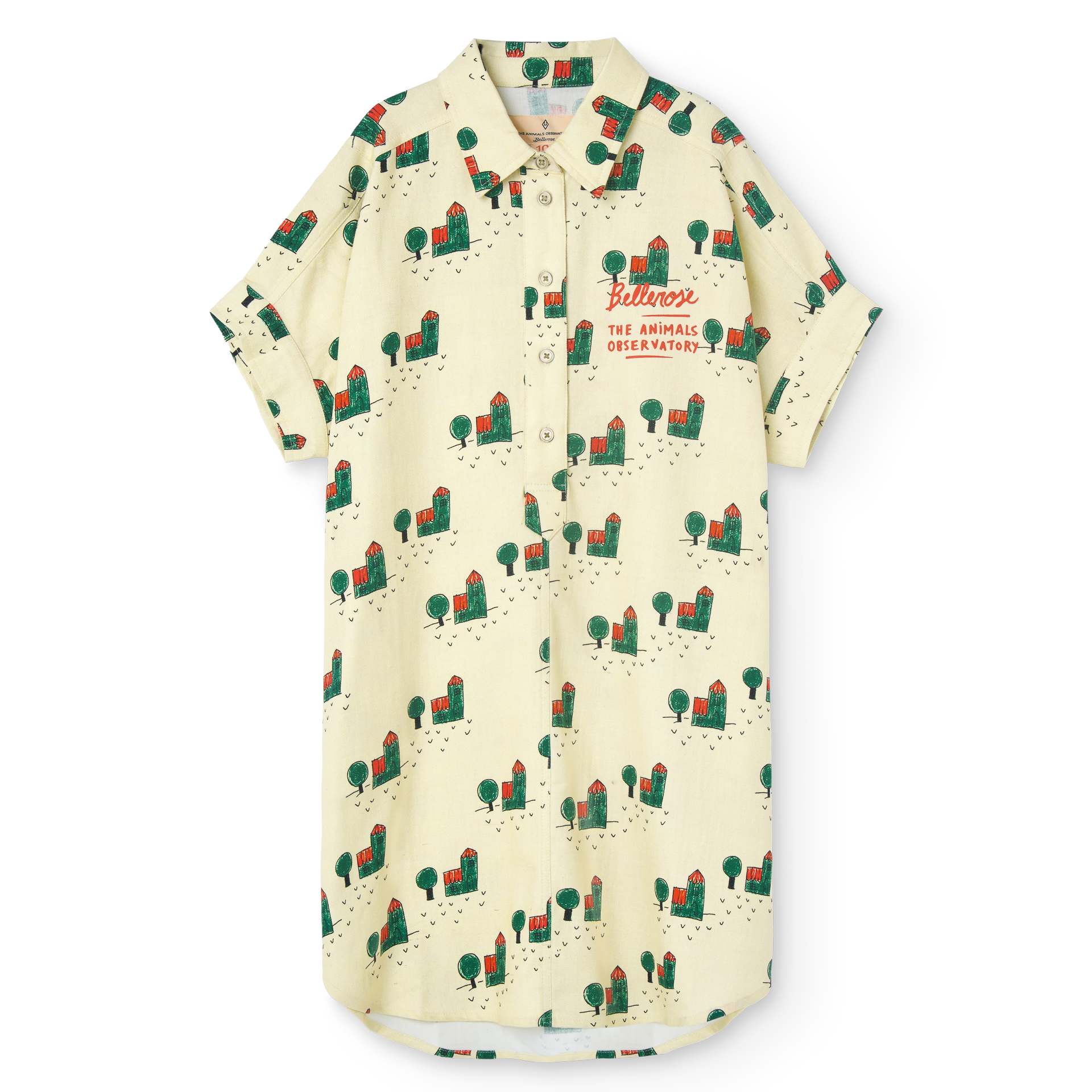 Bellerose X The Animals Observatory shirt dress with a house print all over.