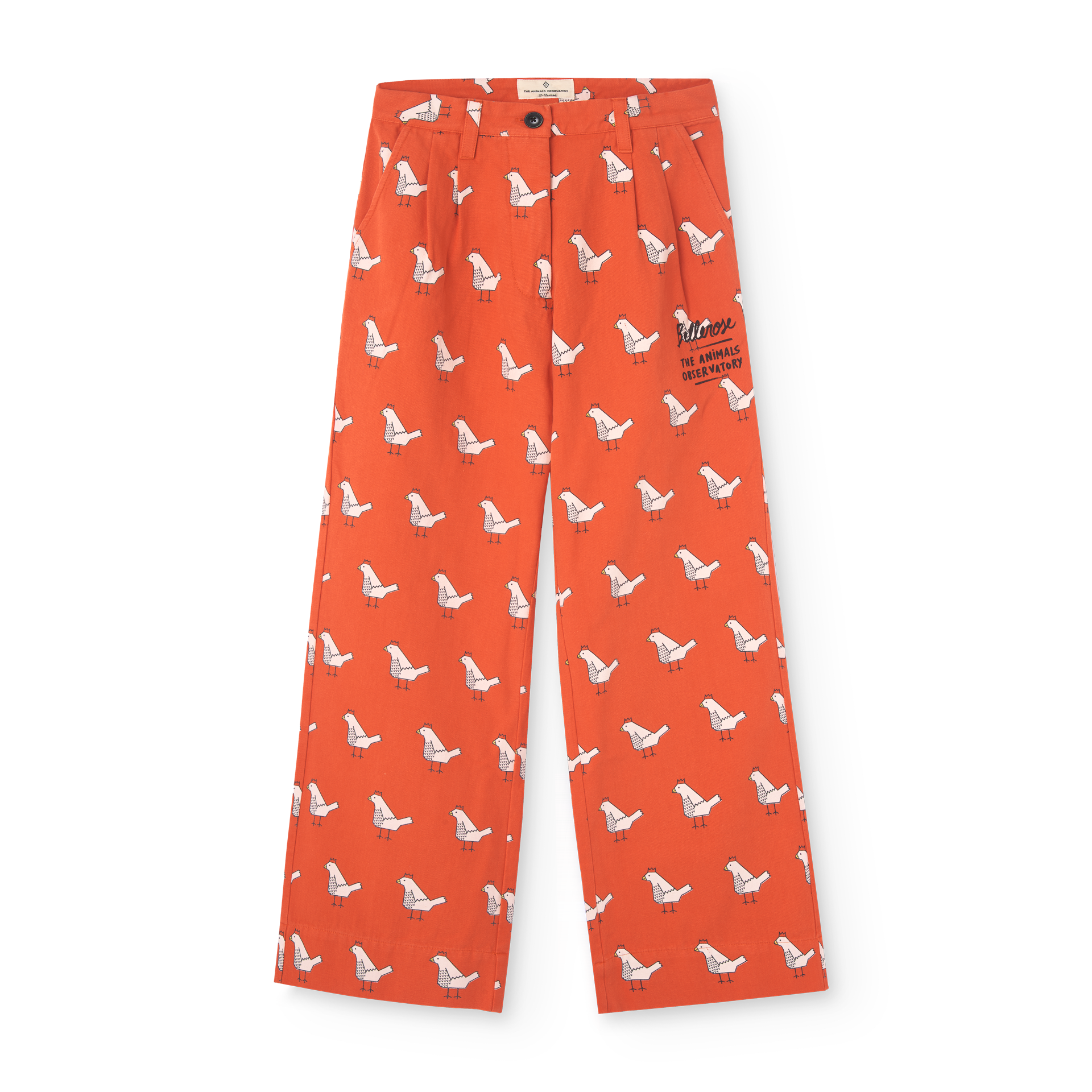 Bellerose X The Animals Observatory red pants with an all over chicken print