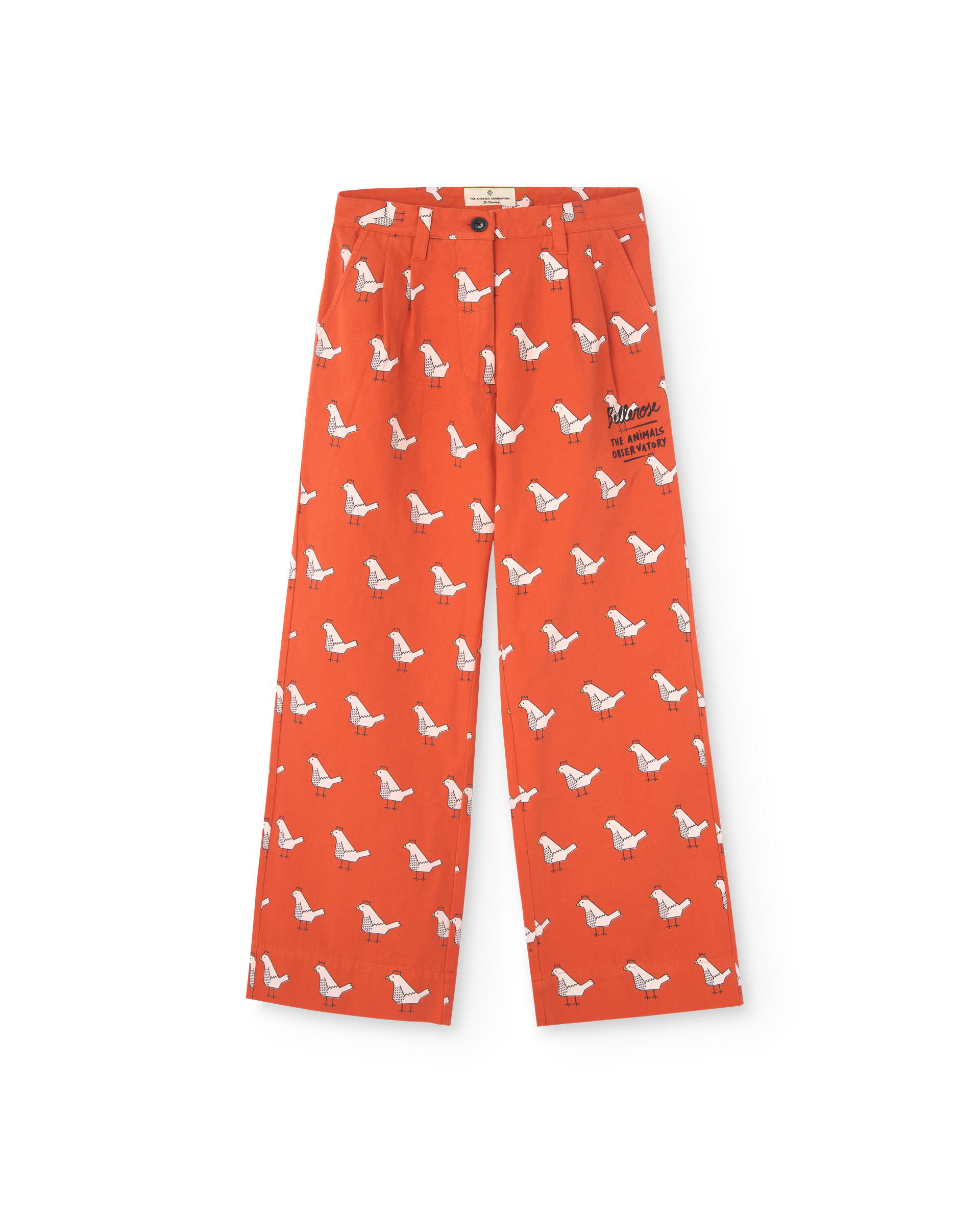Bellerose X The Animals Observatory red pants with an all over chicken print