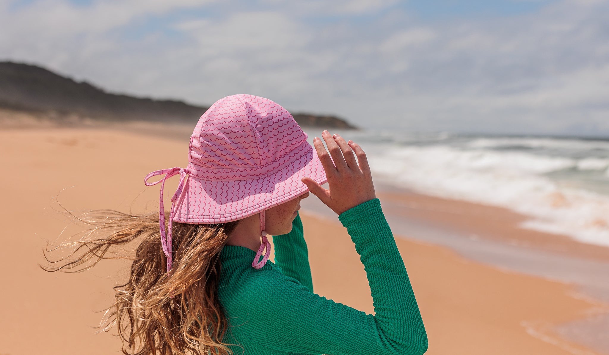 Acorn | Pink Waves Wide Brim Swim Hat
