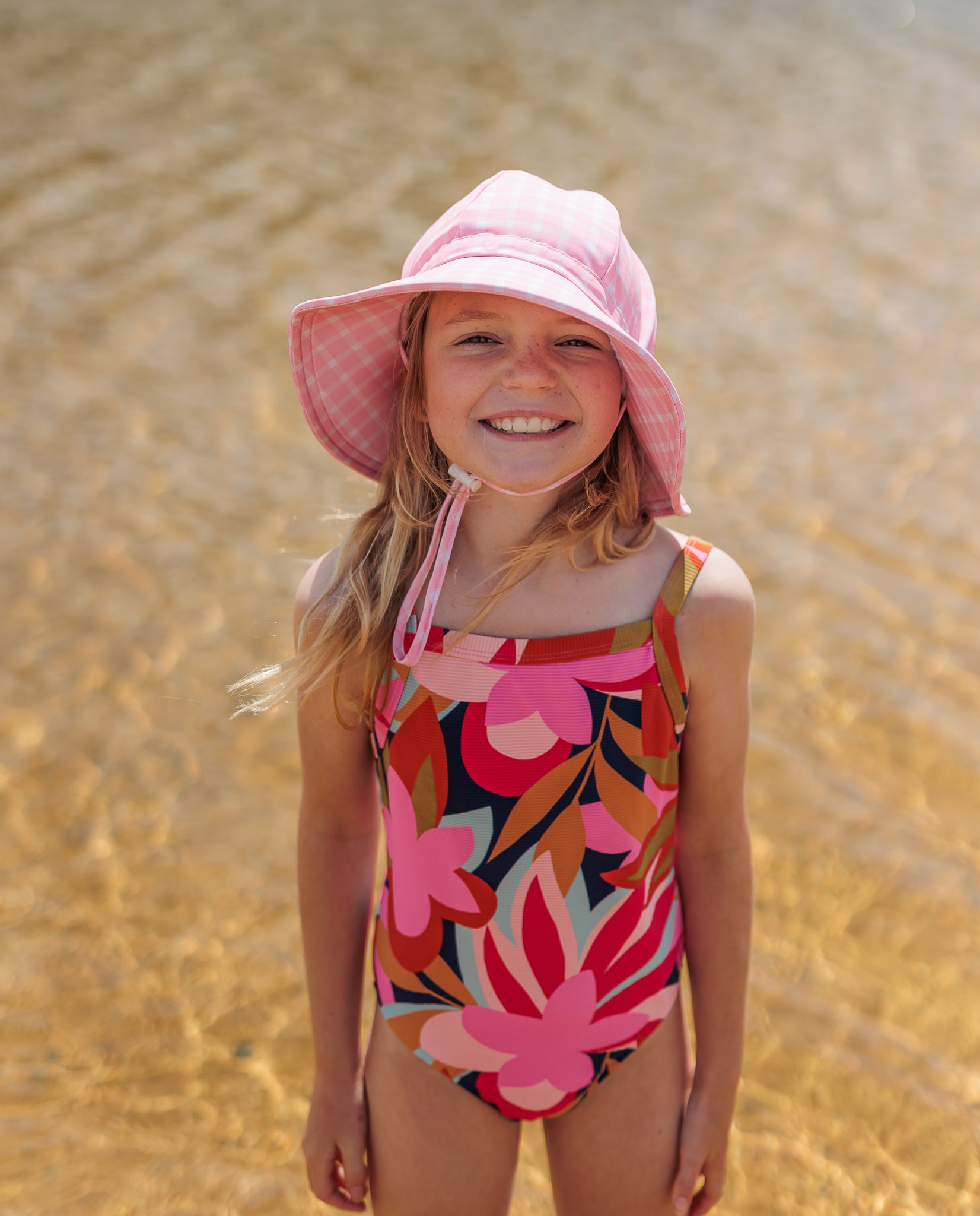 Acorn | Pink Gingham Wide Brim Swim Hat