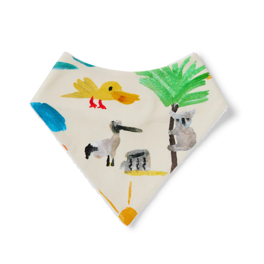 Halcyon Nights Baby Bib in Yo's Country — front view flat lay