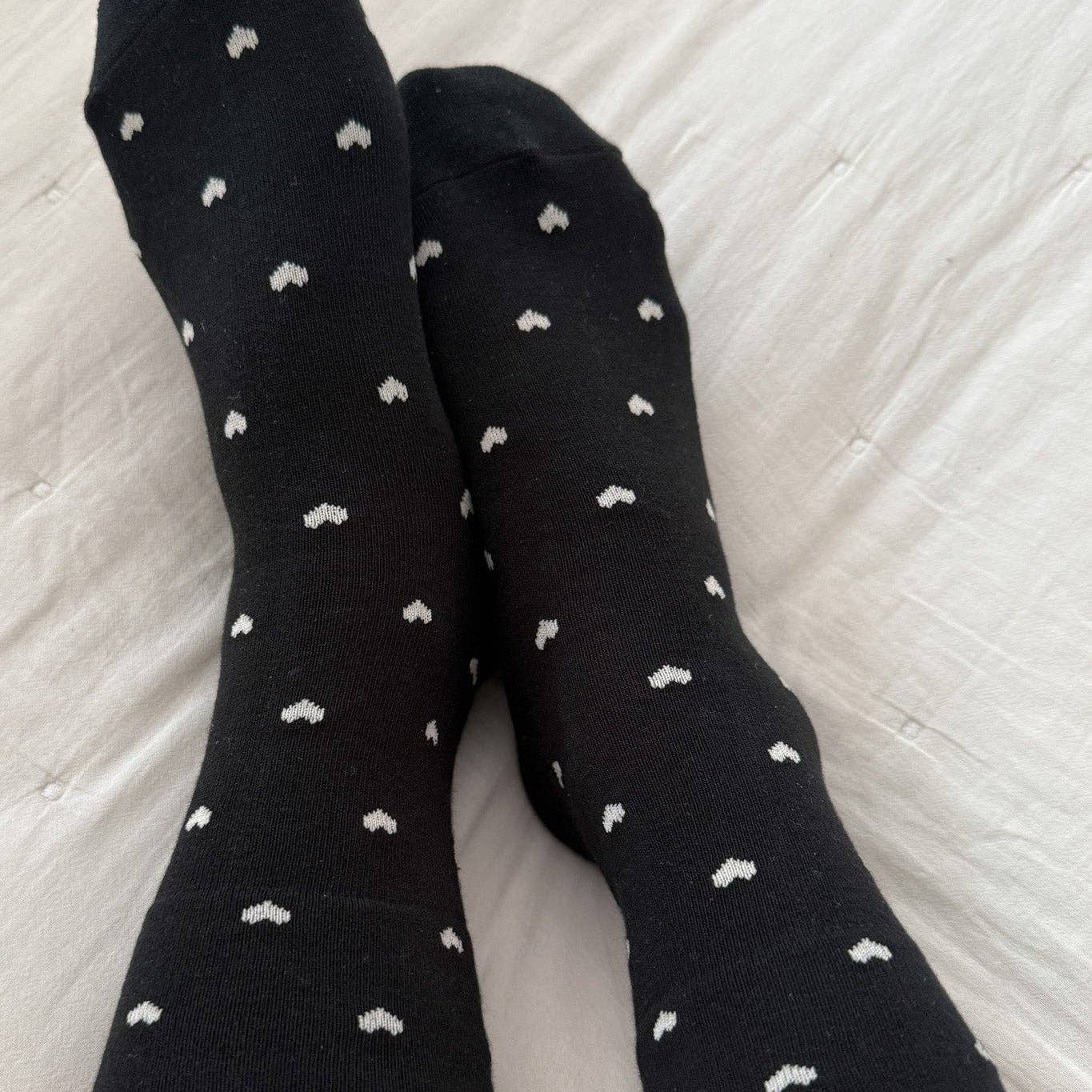 Close-up of Le Bon Shoppe Heart Sneaker Socks in Black/Cream cotton blend