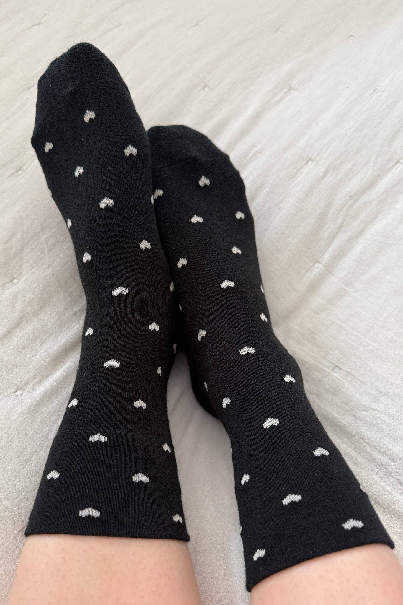 Close-up of Le Bon Shoppe Heart Sneaker Socks in Black/Cream cotton blend