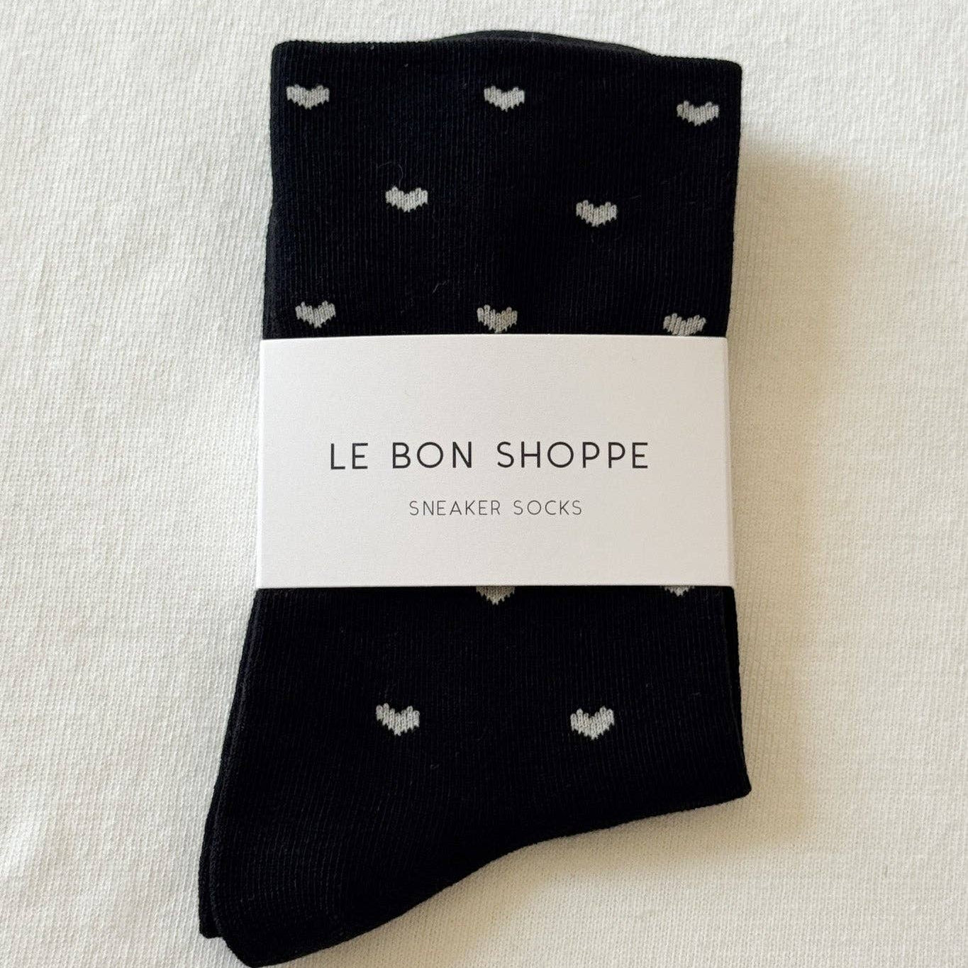 Le Bon Shoppe Heart Sneaker Socks in Black/Cream, low-cut breathable sneaker sock